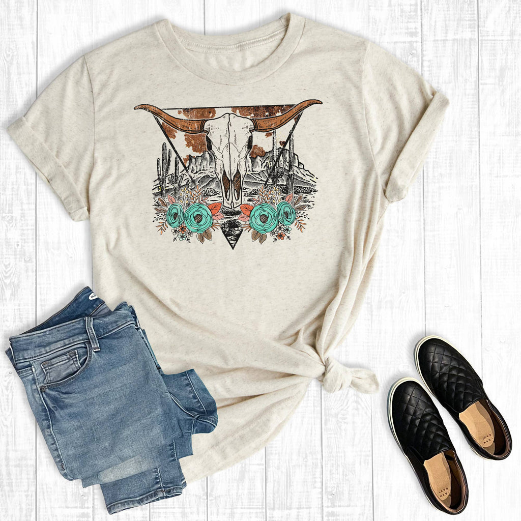 Western Desert Floral Cow Skull Graphic - Adult & Kids T-Shirts, Sweatshirts & Hoodies apparel design preview 1