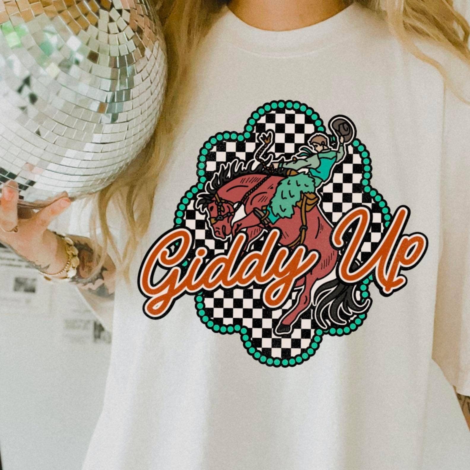 Giddy Up Retro Western Comfort Color Graphic - Adult & Kids T-Shirts, Sweatshirts & Hoodies apparel design preview 1