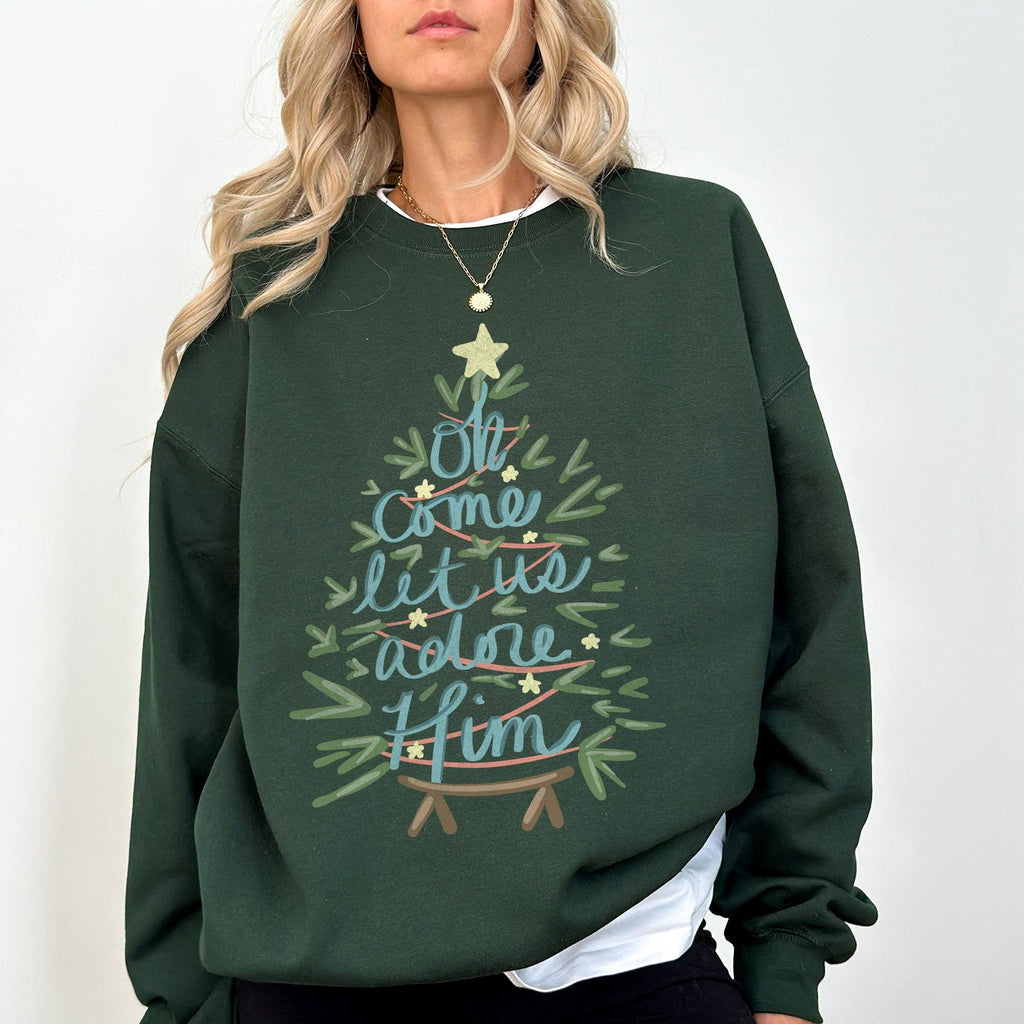 Oh Come Let Us Adore Him, Christmas Christian - Adult & Kids T-Shirts, Sweatshirts & Hoodies apparel design preview 1