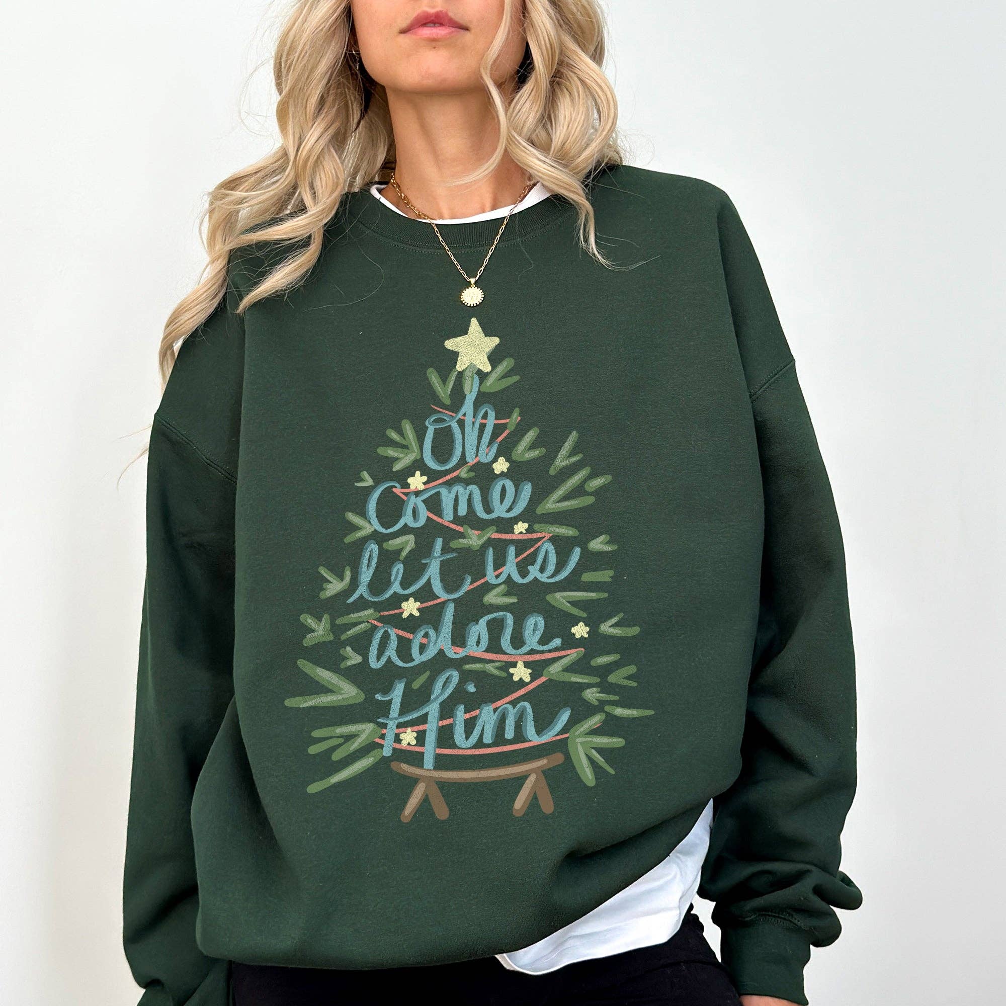 Oh Come Let Us Adore Him, Christmas Christian - Adult & Kids T-Shirts, Sweatshirts & Hoodies apparel design preview 1