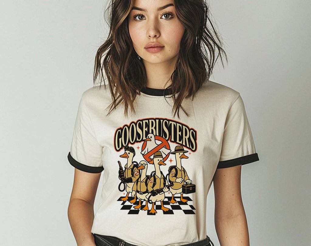Goosebusters Funny Goose Ghost Halloween Ringer - Adult & Kids T-Shirts, Sweatshirts & Hoodies apparel design preview 1