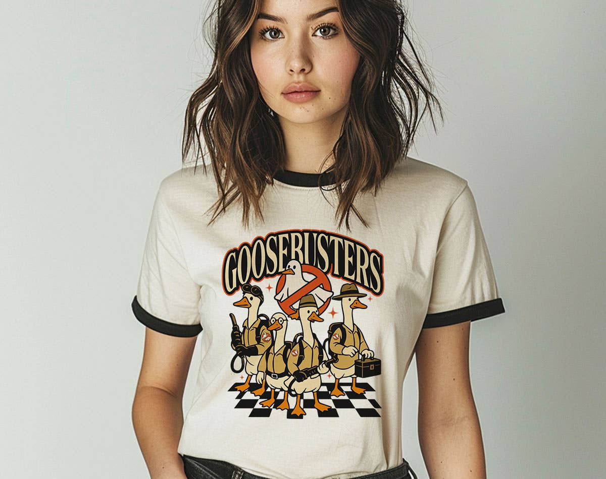 Goosebusters Funny Goose Ghost Halloween Ringer - Adult & Kids T-Shirts, Sweatshirts & Hoodies apparel design preview 1