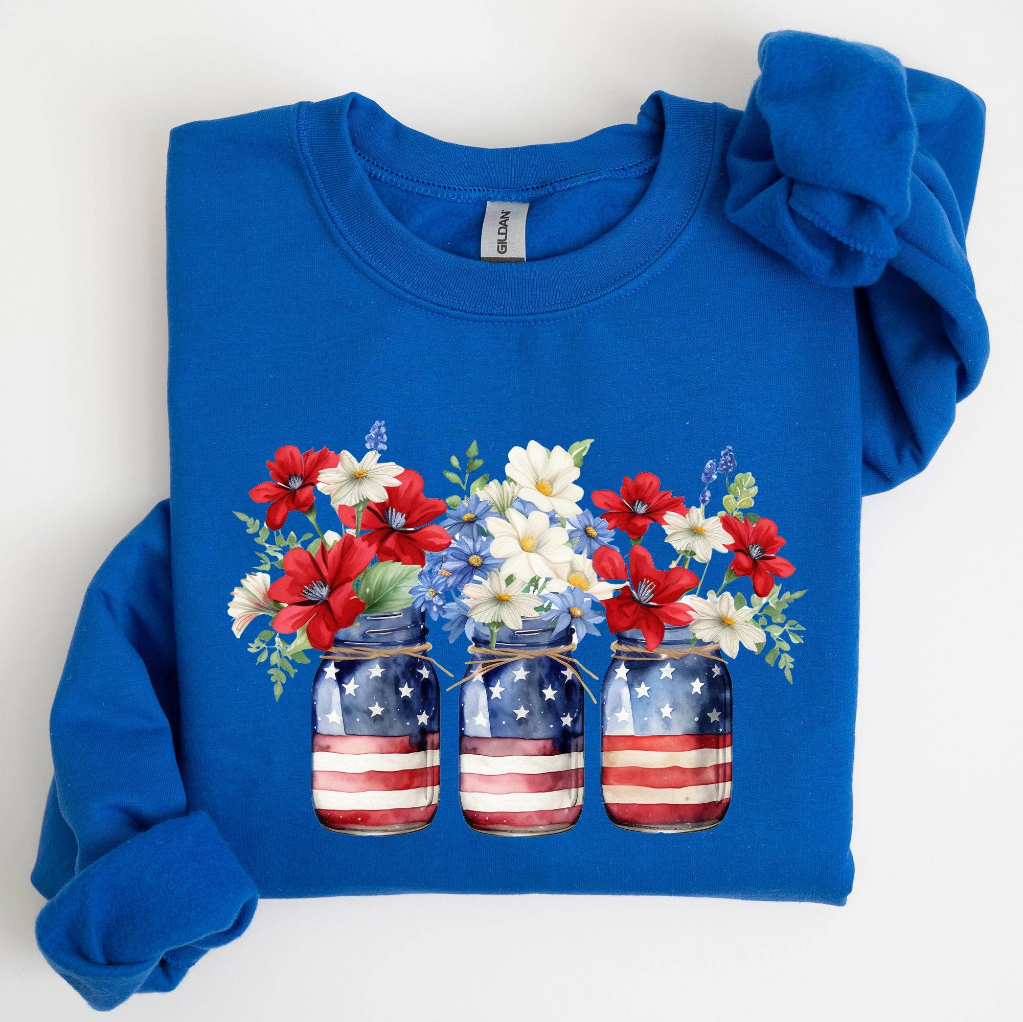 Mason Jars with Flowers, Patriotic, 4th of July - Adult & Kids T-Shirts, Sweatshirts & Hoodies apparel design preview 1