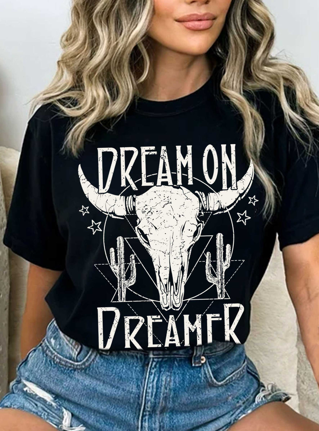 Dream On Dreamer Cow Skull Graphic - Adult & Kids T-Shirts, Sweatshirts & Hoodies apparel design preview 1