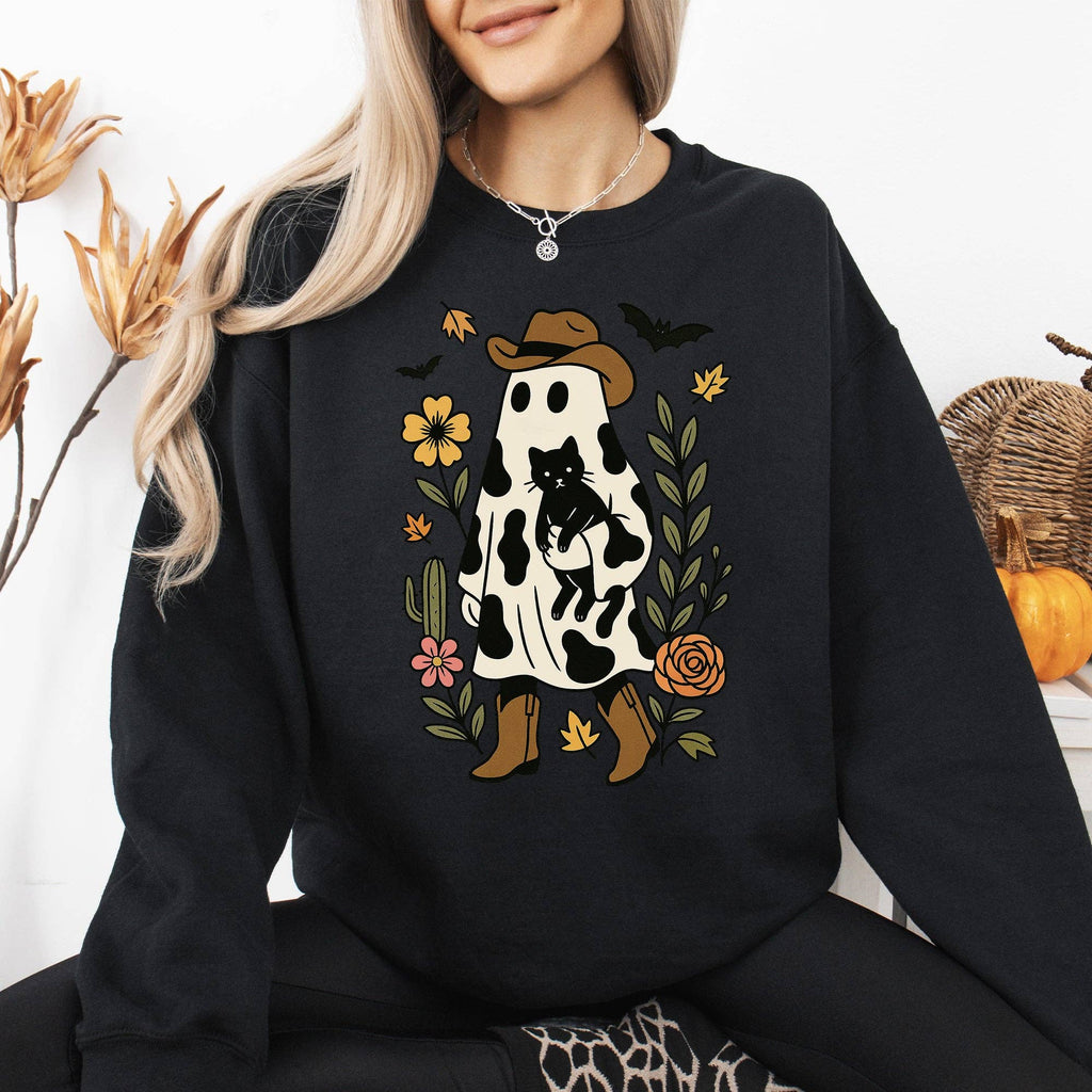 Cute Cowboy Ghost, Cat, Western Halloween Graphic - Adult & Kids T-Shirts, Sweatshirts & Hoodies apparel design preview 1