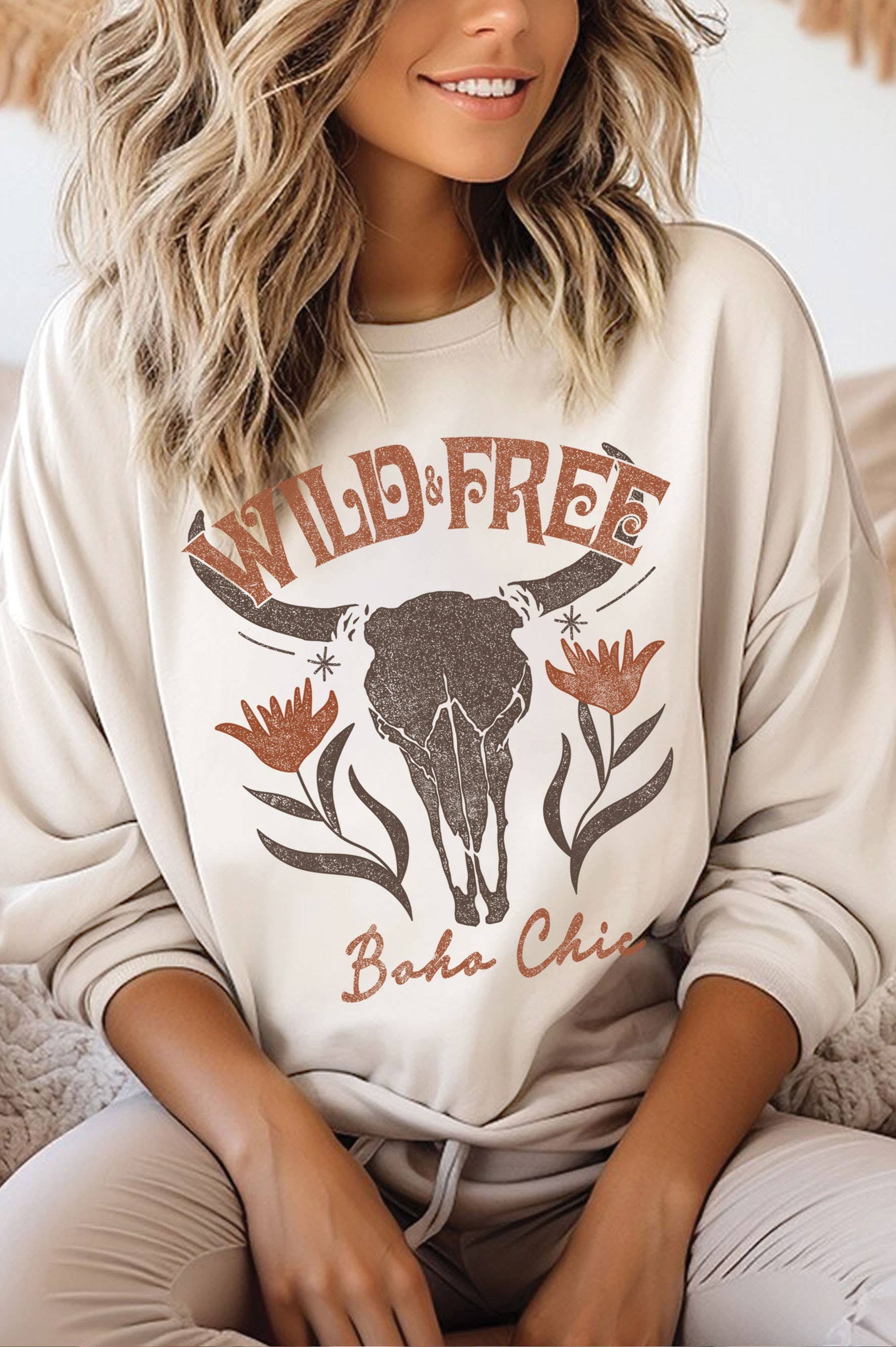Wild Free Flower Cow Skull Graphic Brushed - Adult & Kids T-Shirts, Sweatshirts & Hoodies apparel design preview 1
