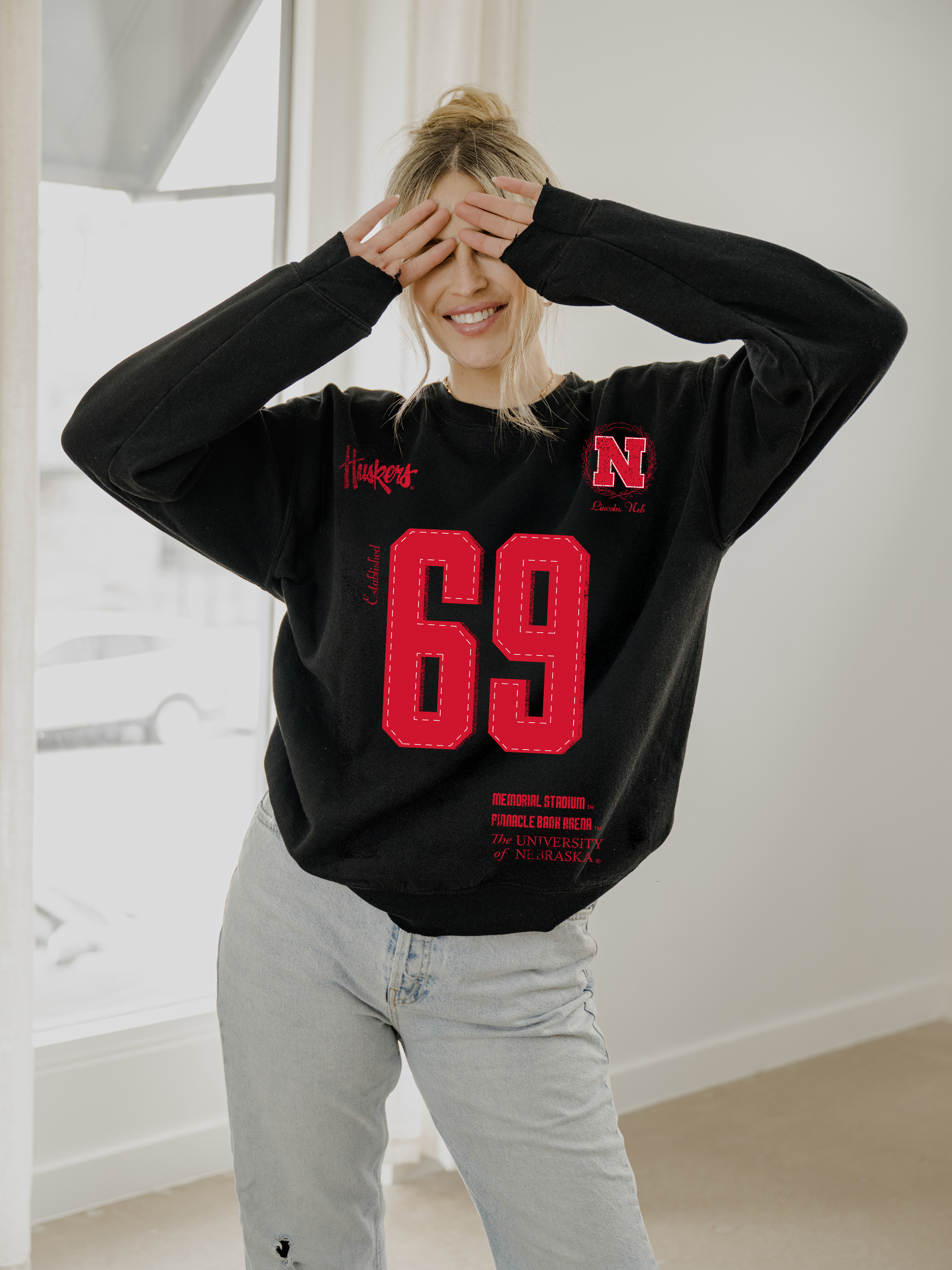 Nebraska Huskers Crest Stamp Black Thrifted - Adult & Kids T-Shirts, Sweatshirts & Hoodies apparel design preview 1