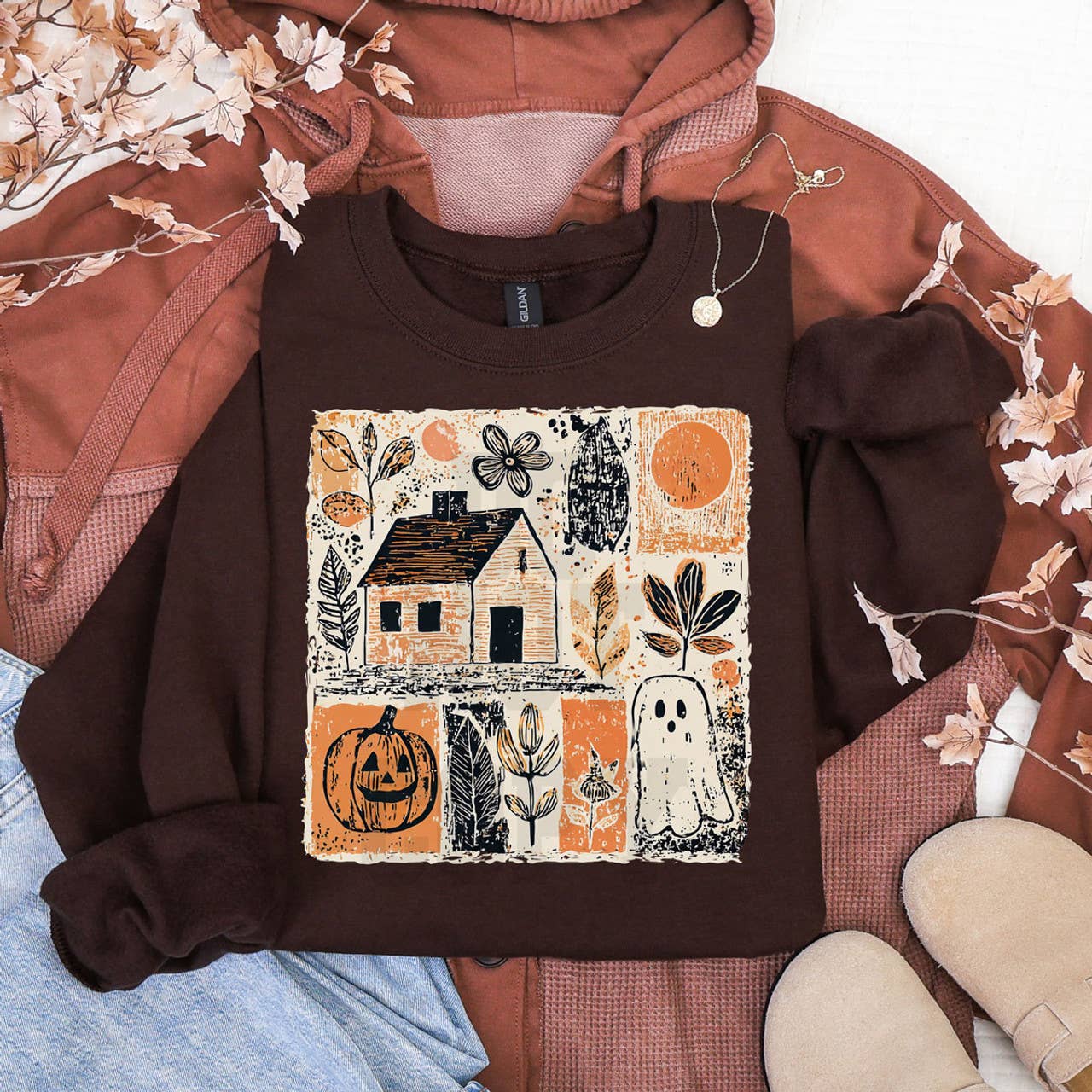 Rustic Fall Halloween Patchwork - Adult & Kids T-Shirts, Sweatshirts & Hoodies apparel design preview 1