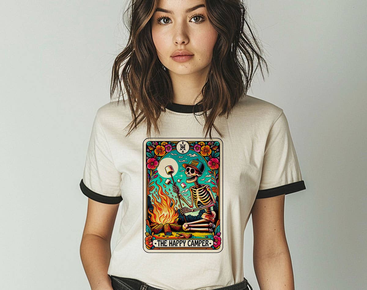 The Happy Camper Tarot Hiking Mountain Ringer - Adult & Kids T-Shirts, Sweatshirts & Hoodies apparel design preview 1
