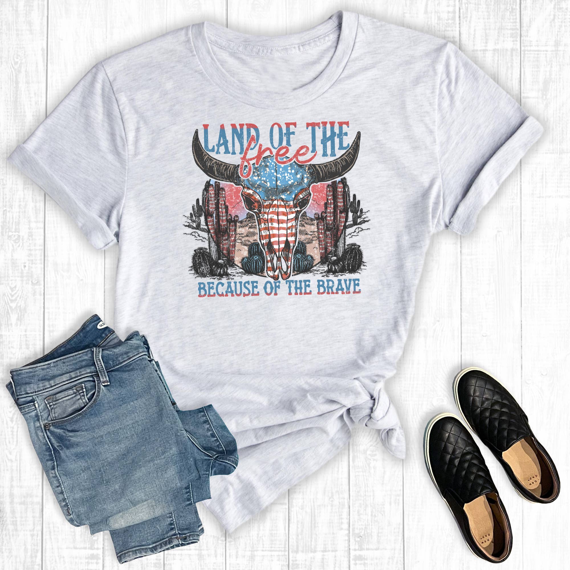 July 4th Land of the Free American Cowskull Graphic - Adult & Kids T-Shirts, Sweatshirts & Hoodies apparel design preview 1