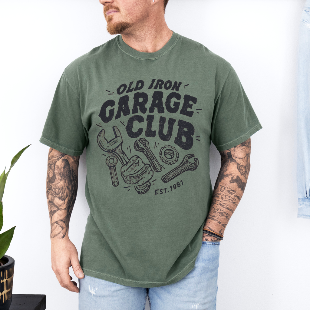 Fathers Day: Old Iron Garage On Moss Comfort Colors - Adult & Kids T-Shirts, Sweatshirts & Hoodies apparel design preview 1