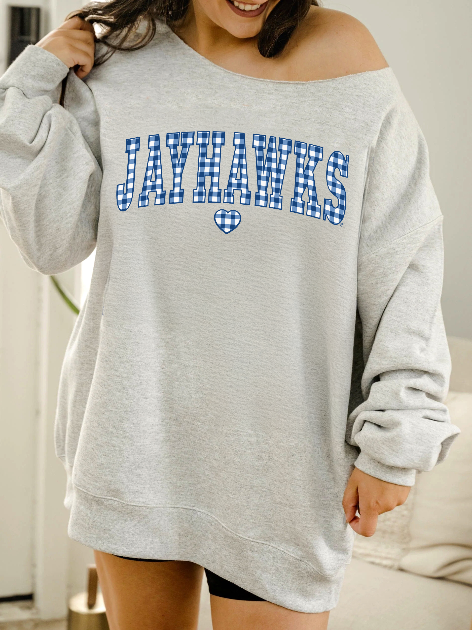 Ku Jayhawks Gingham Heart Gray Flashdance - Adult & Kids T-Shirts, Sweatshirts & Hoodies apparel design preview 1