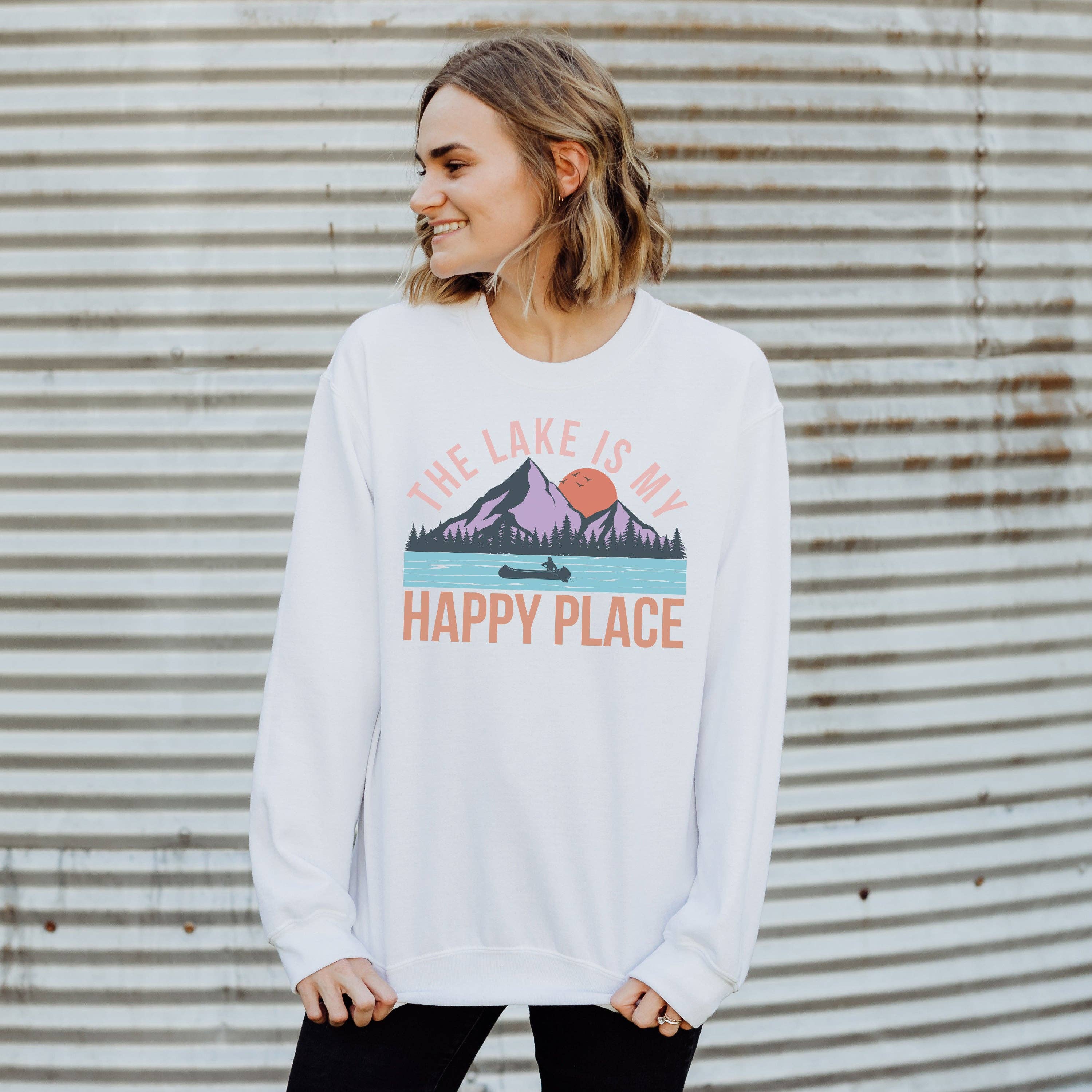 Lake Is My Happy Place Crewneck Sizes S-2XL - Adult & Kids T-Shirts, Sweatshirts & Hoodies apparel design preview 1