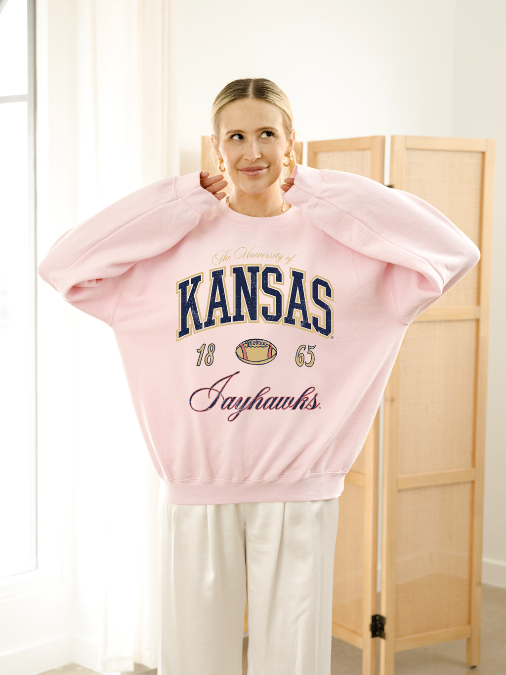 Ku Kansas Jayhawks Wave Arch Pink Thrifted - Adult & Kids T-Shirts, Sweatshirts & Hoodies apparel design preview 1