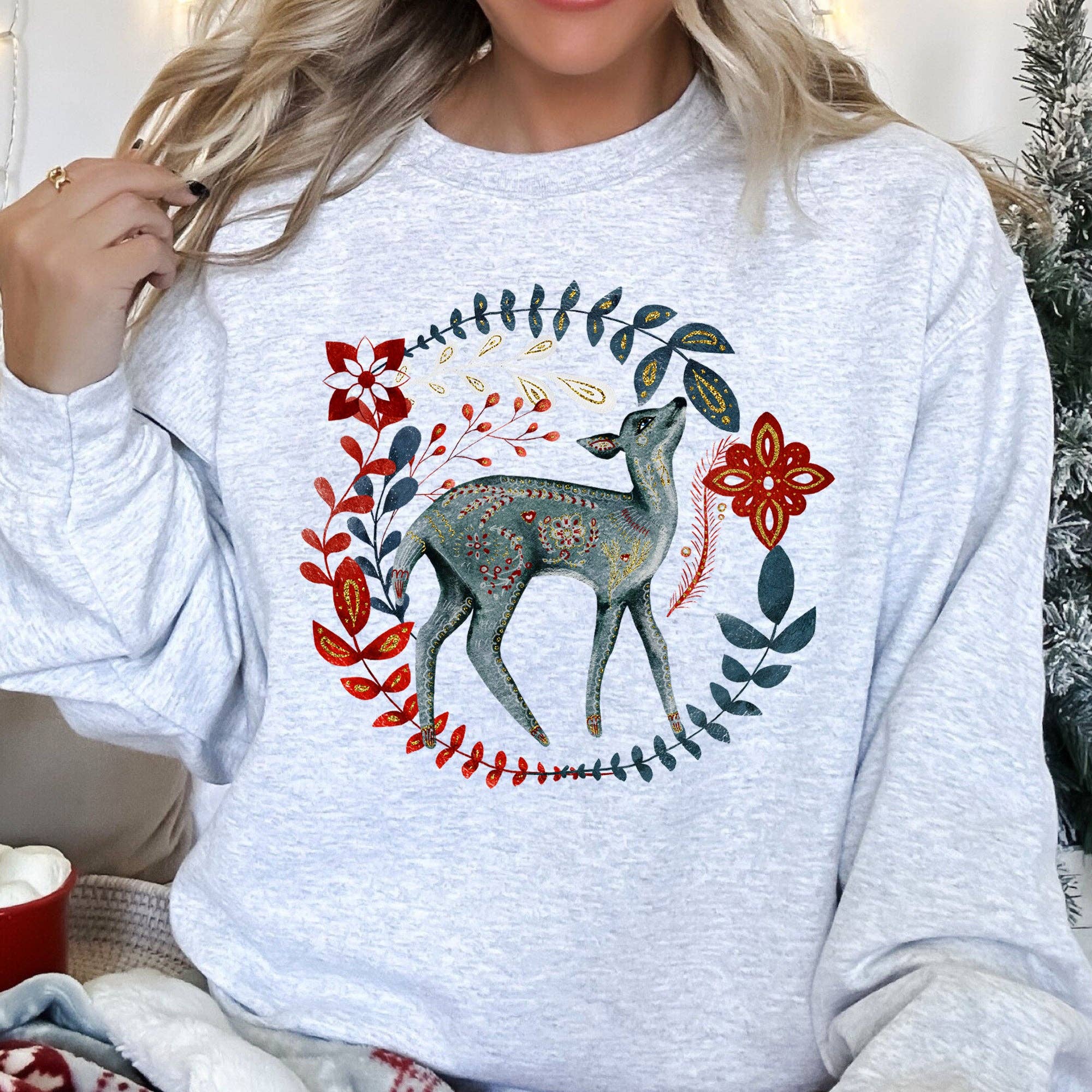 Deer Folk Art Scandinavian Christmas - Adult & Kids T-Shirts, Sweatshirts & Hoodies apparel design preview 1