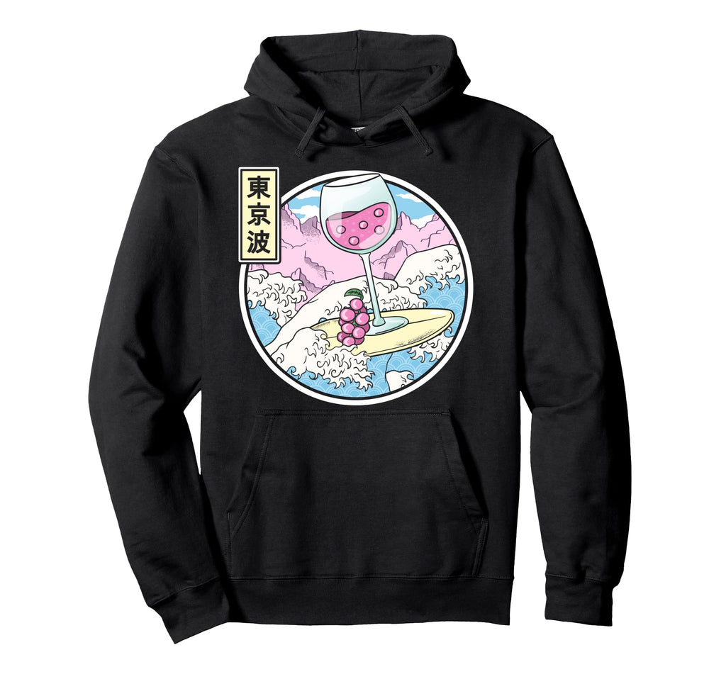 Surfing Wine Glass Japan Waves Kawaii Hoodie - Aesthetic Graphic Men Women - T-Shirt, Sweatshirt, Hoodie
