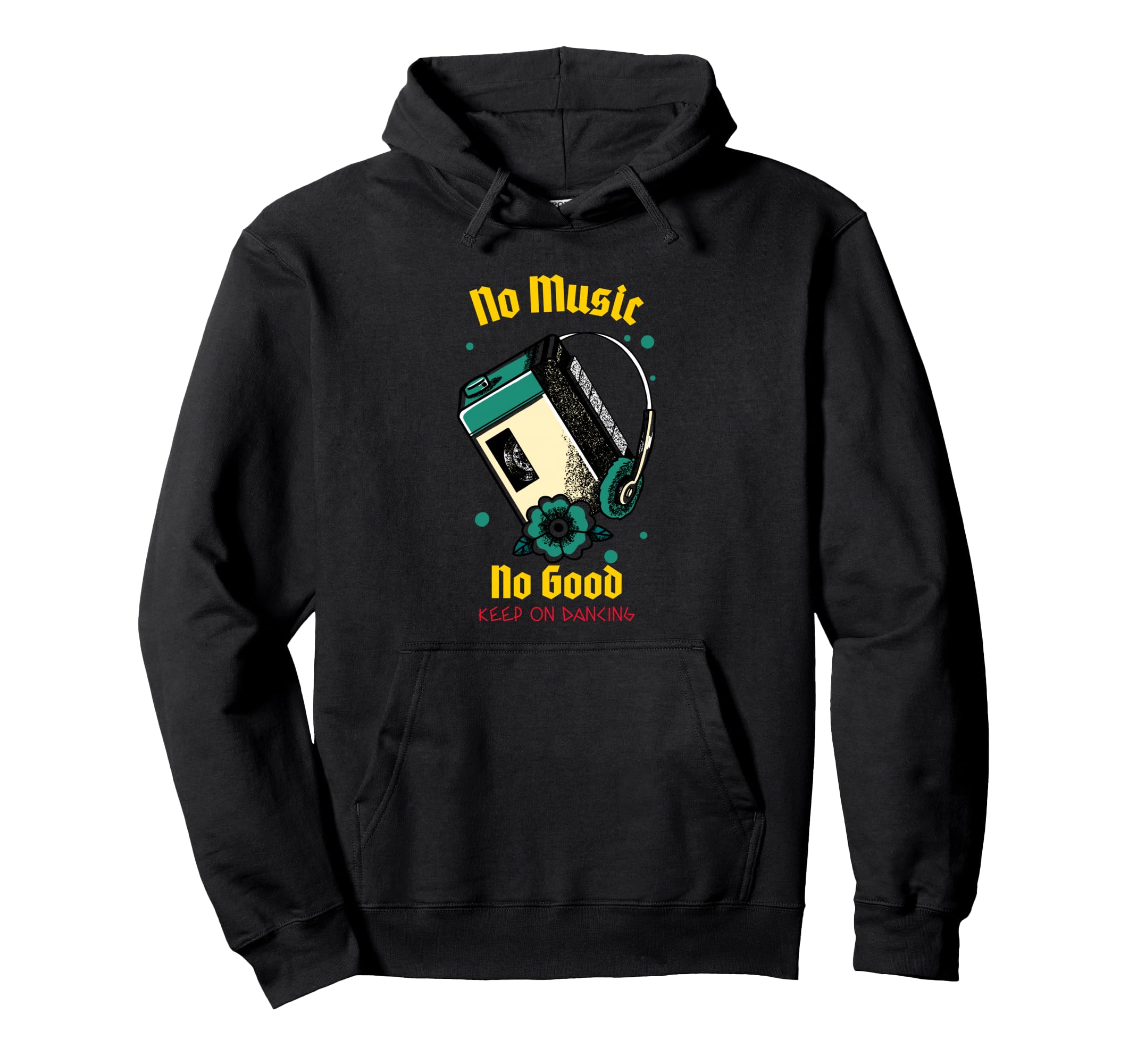 No Music No Good Cassette Tape Player Hoodie - Minimalist Print for Adults - T-Shirt, Sweatshirt, Hoodie