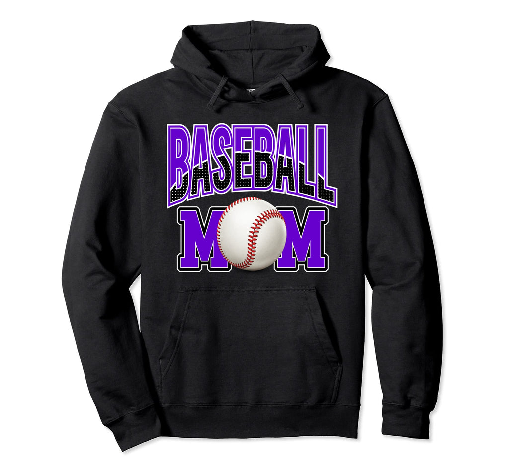Baseball Mom Sports Mom Purple Black White Hoodie - Unique Graphic Unisex - T-Shirt, Sweatshirt, Hoodie