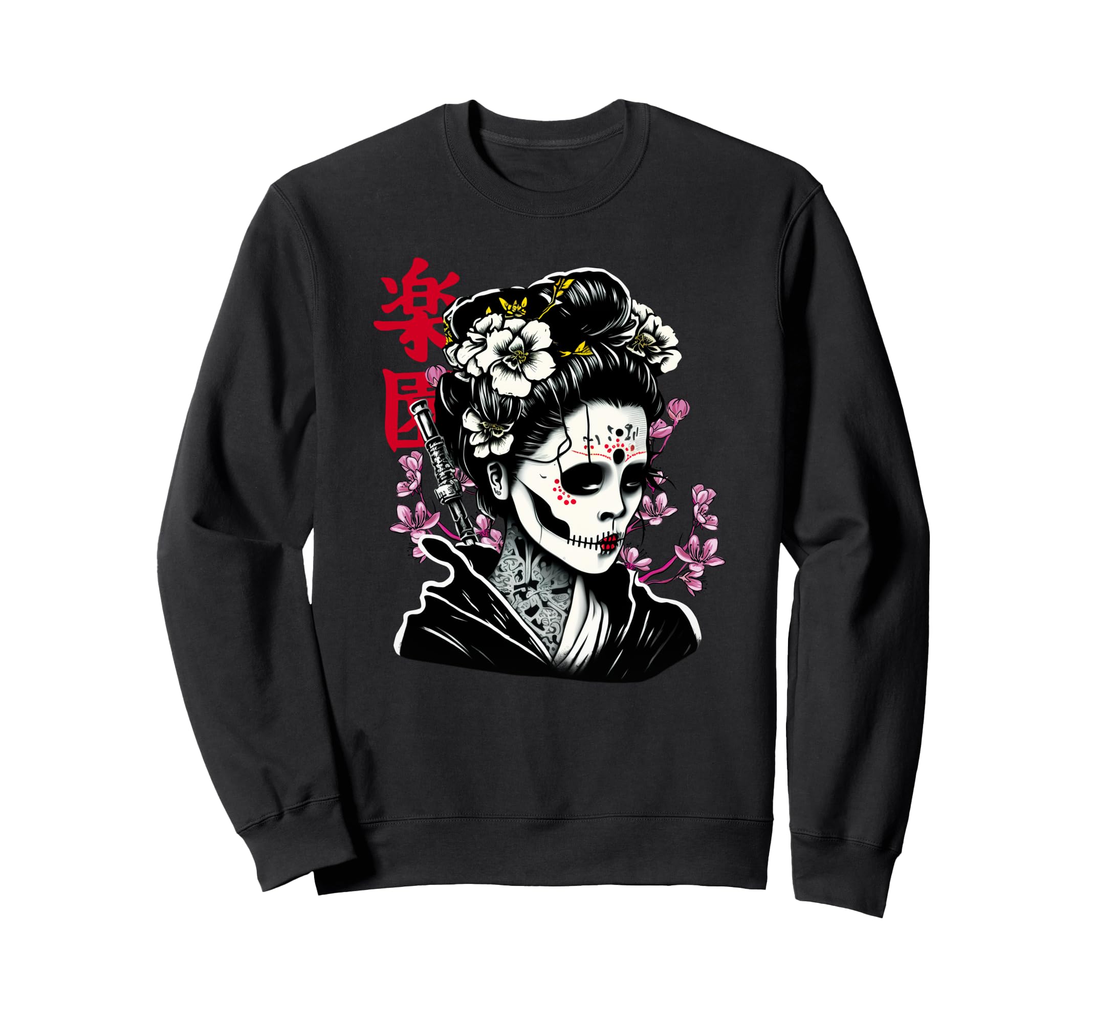 Japanese Geisha Skull Sakura Sweatshirt - Fun Novelty Design for Adults - T-Shirt, Sweatshirt, Hoodie