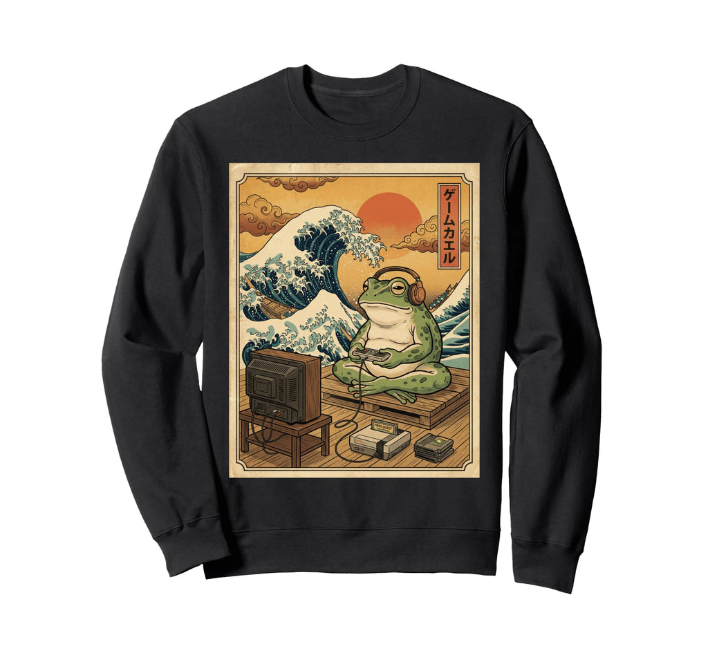 Gamer Frog Console Japanese Great Wave Sweatshirt - Graphic Print Unisex - T-Shirt, Sweatshirt, Hoodie
