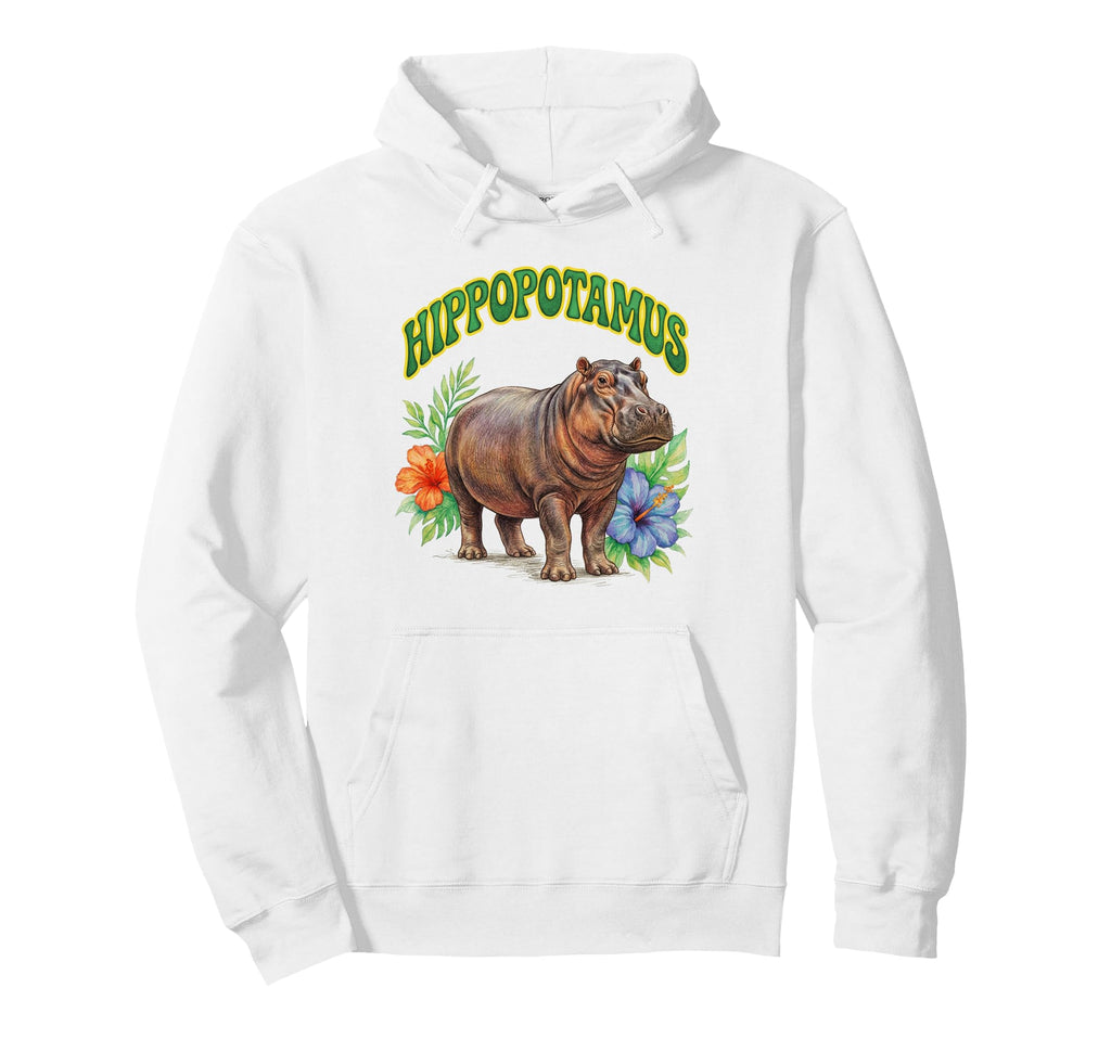 Hippopotamus Groovy Floral Hippo Hoodie - Casual Everyday Wear Men Women - T-Shirt, Sweatshirt, Hoodie