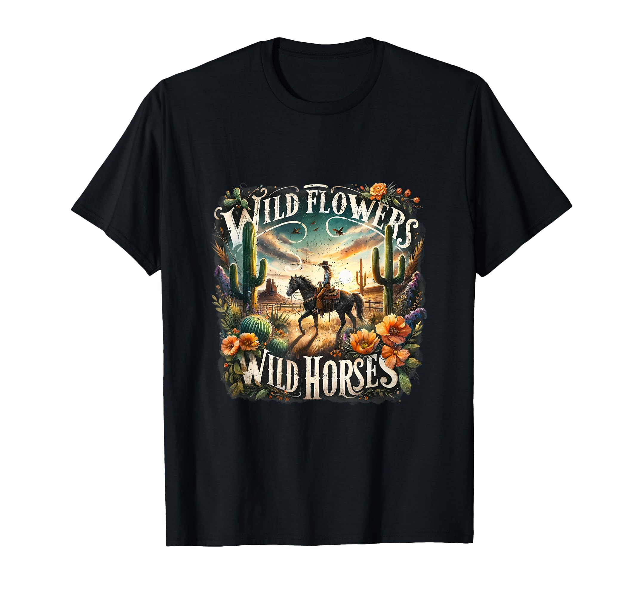 Wild Flowers Cowgirls Riding Horses T-Shirt - Graphic Print Men Women - T-Shirt, Sweatshirt, Hoodie