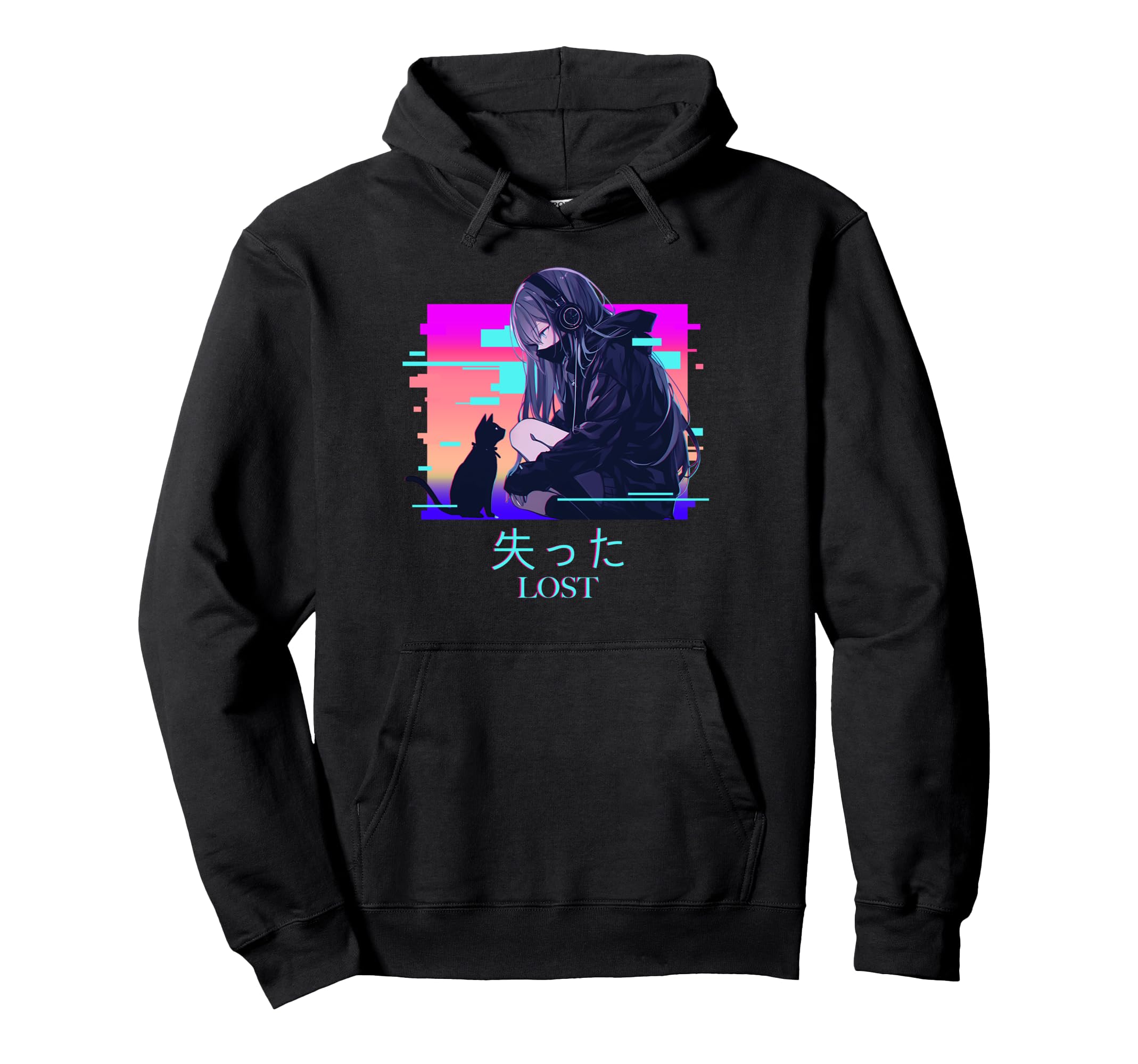 Lost Anime Cat Vaporwave Glitch Japanese Hoodie - Unique Graphic Unisex - T-Shirt, Sweatshirt, Hoodie