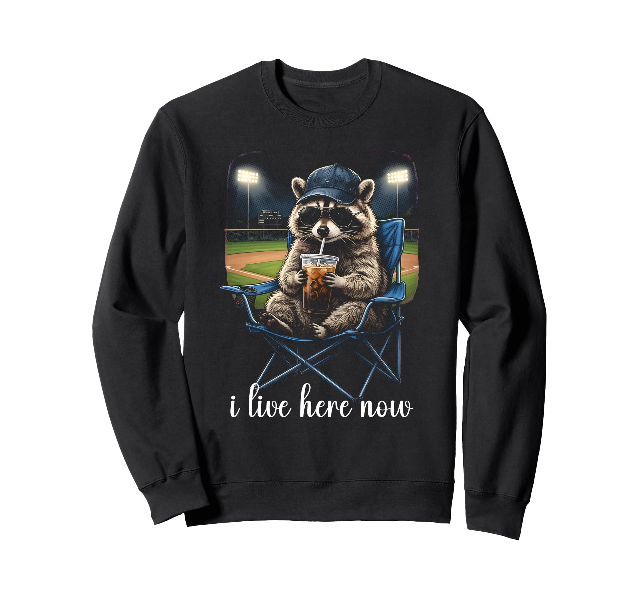 I Live Here Now Baseball Mom Raccoon Sweatshirt - Graphic Print Unisex - T-Shirt, Sweatshirt, Hoodie
