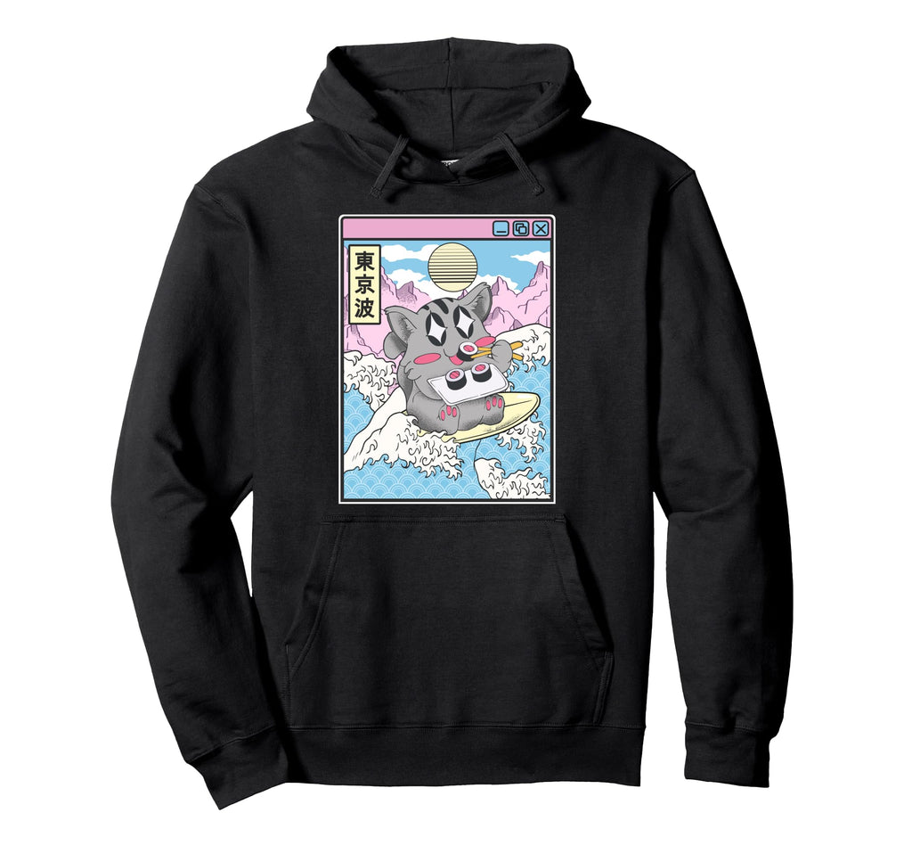 Surfing Cat Eating Sushi Japanese Wave Hoodie - Streetwear Style Unisex - T-Shirt, Sweatshirt, Hoodie
