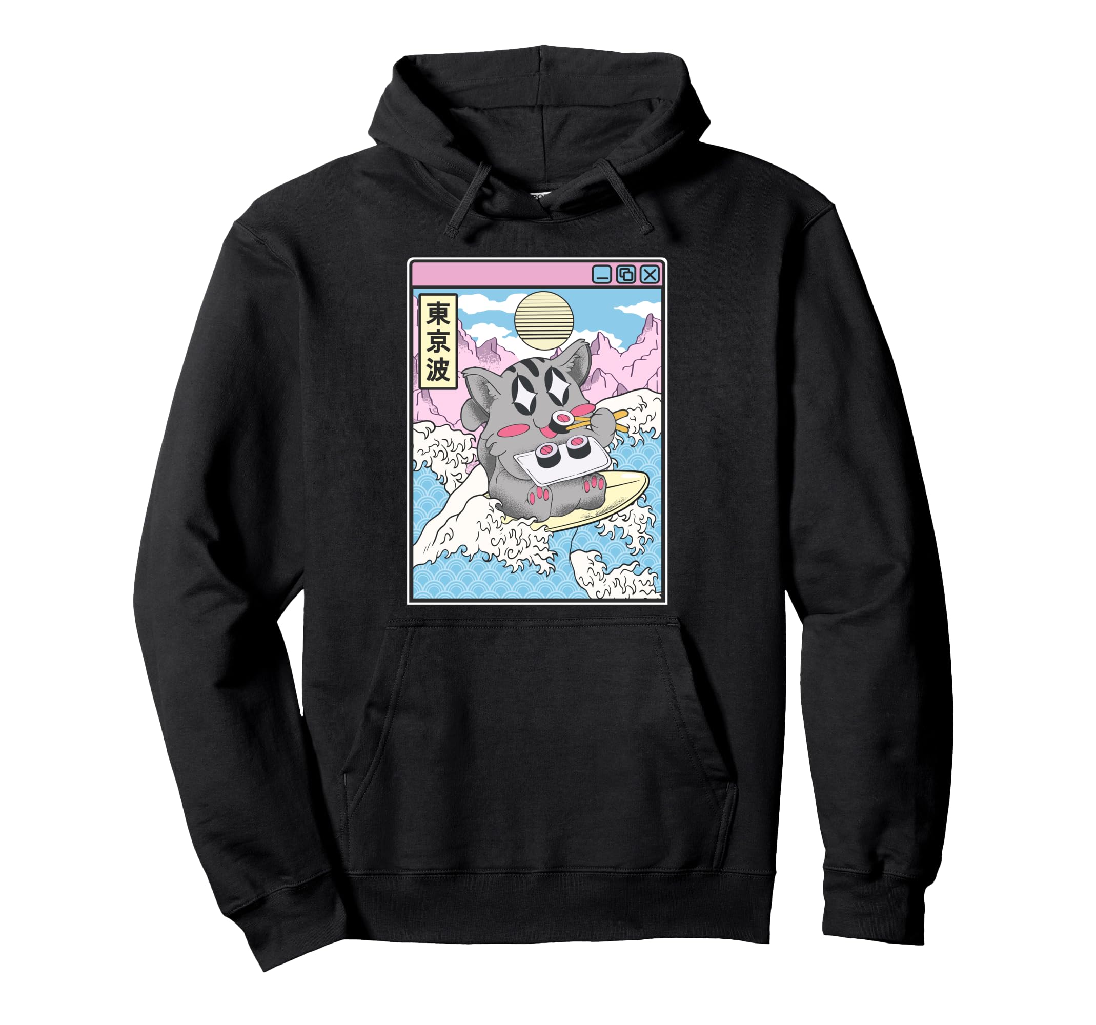 Surfing Cat Eating Sushi Japanese Wave Hoodie - Streetwear Style Unisex - T-Shirt, Sweatshirt, Hoodie