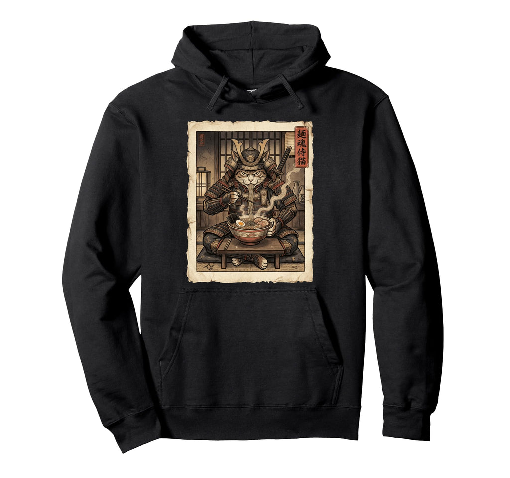 Samurai Cat Eating Ramen Japanese Ukiyo Hoodie - Novelty Apparel Men Women - T-Shirt, Sweatshirt, Hoodie
