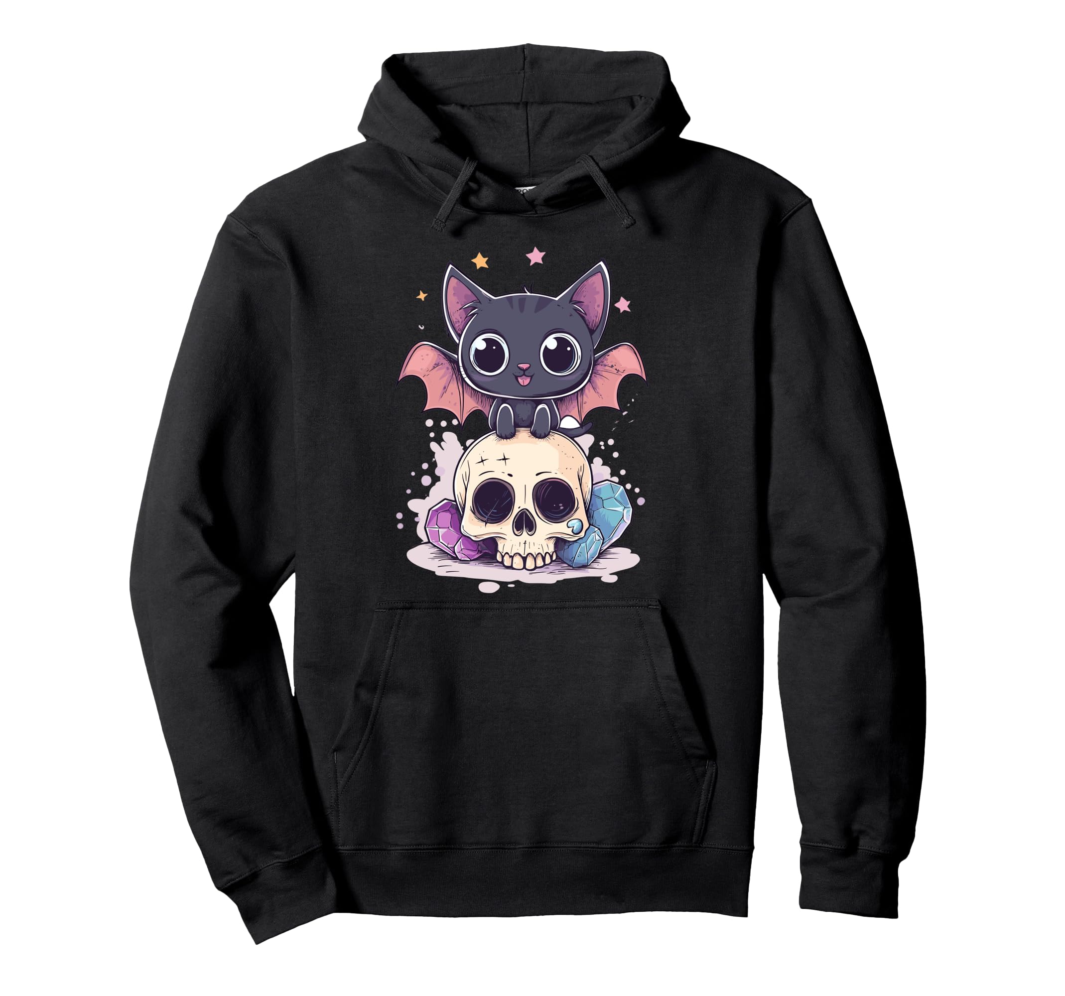 Pastel Goth Cat Bat Wings Skull Hoodie - Unique Graphic Men Women - T-Shirt, Sweatshirt, Hoodie