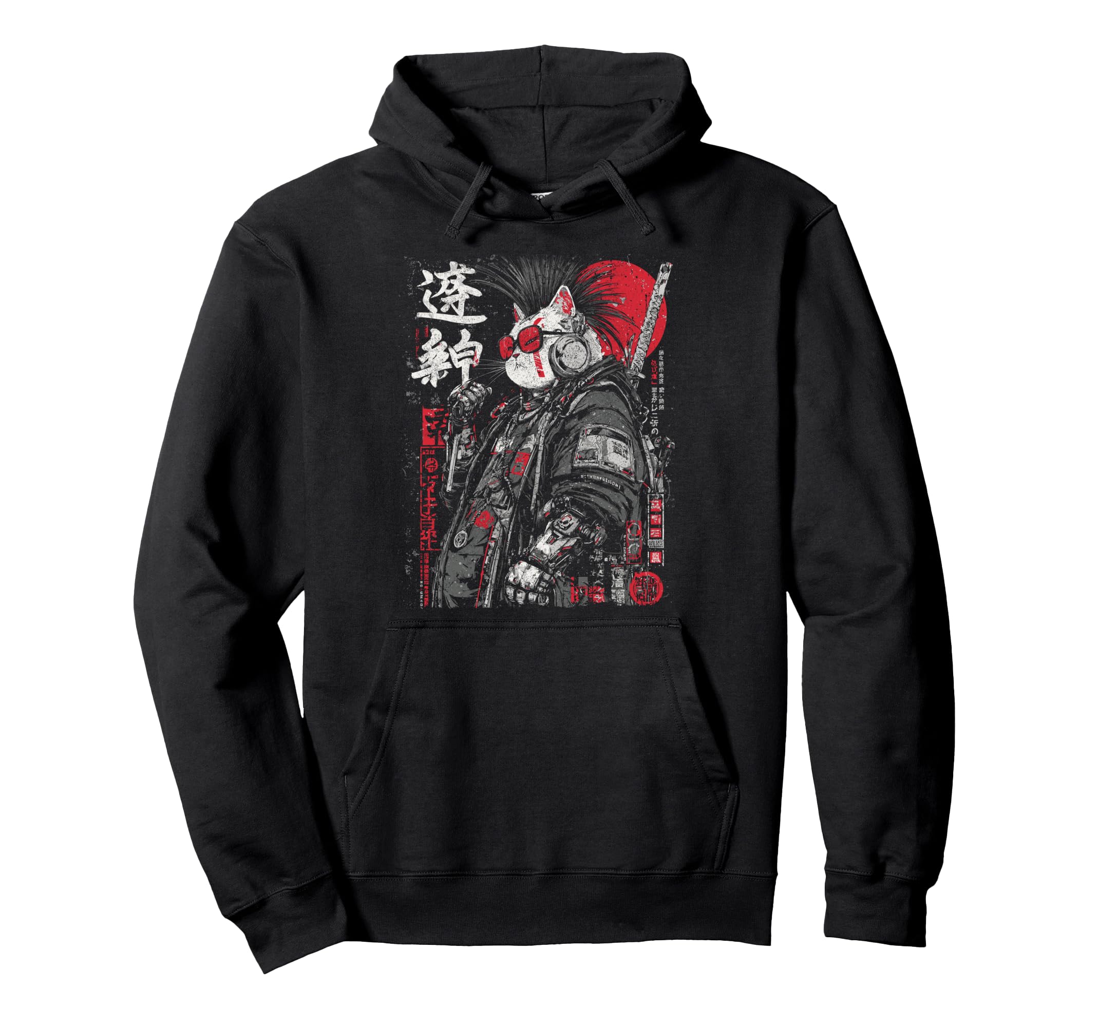 Japanese Streetwear Gothic Cat Samurai Hoodie - Unique Graphic for Adults - T-Shirt, Sweatshirt, Hoodie