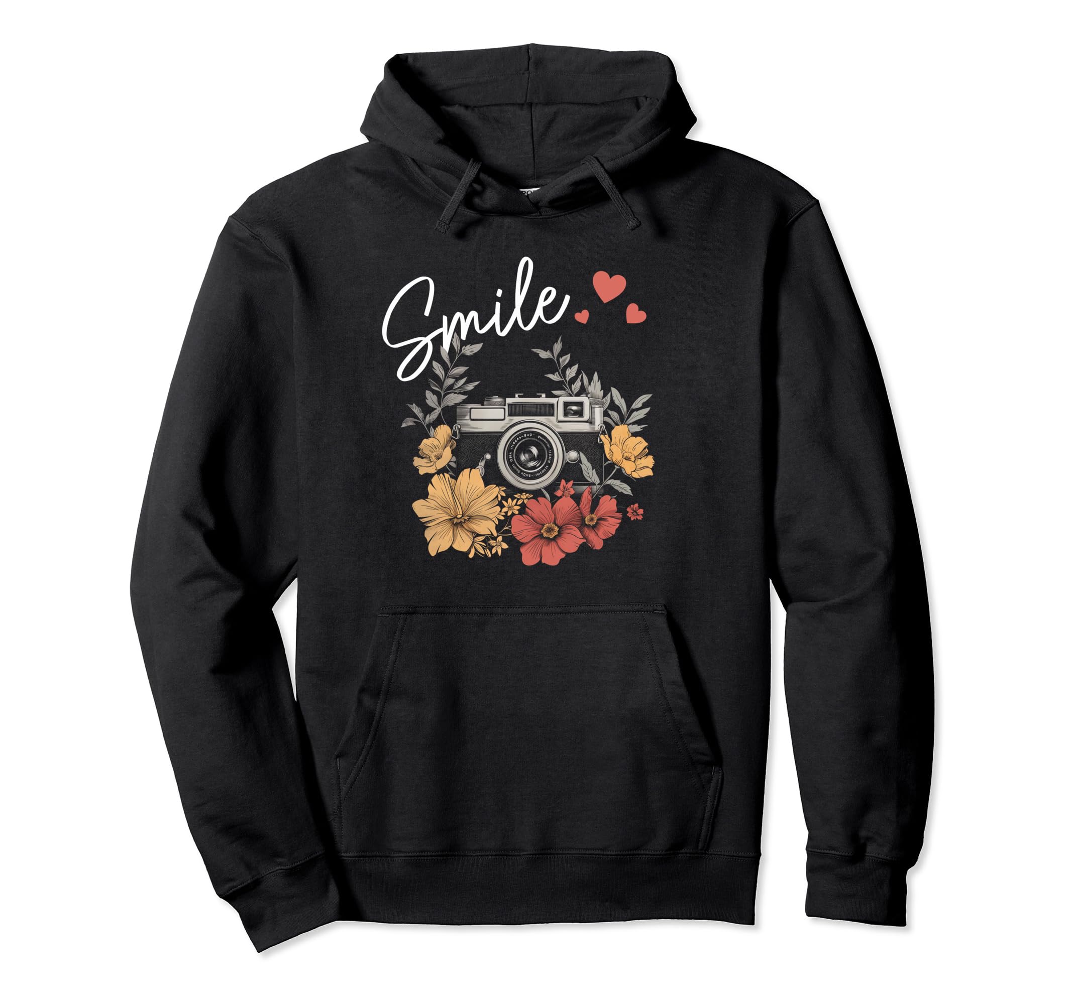 Photographer Smile Camera Flowers Hoodie - Minimalist Print for Adults - T-Shirt, Sweatshirt, Hoodie