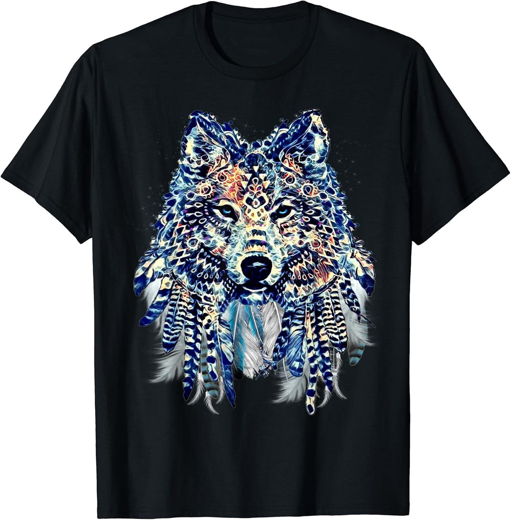 Tribal Wolf With Feathers Native - Adult & Kids T-Shirts, Sweatshirts & Hoodies apparel design preview 1