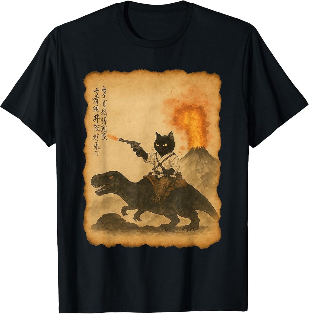 Black Cat samuari riding Dinosaur Volcanic print - Adult & Kids T-Shirts, Sweatshirts & Hoodies apparel design preview 1