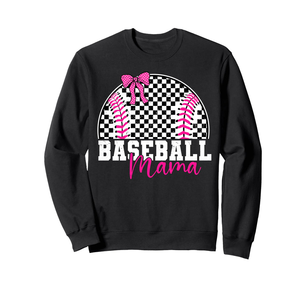 Checkered Baseball Mama Bow Varsity Sweatshirt - Unique Graphic Men Women - T-Shirt, Sweatshirt, Hoodie