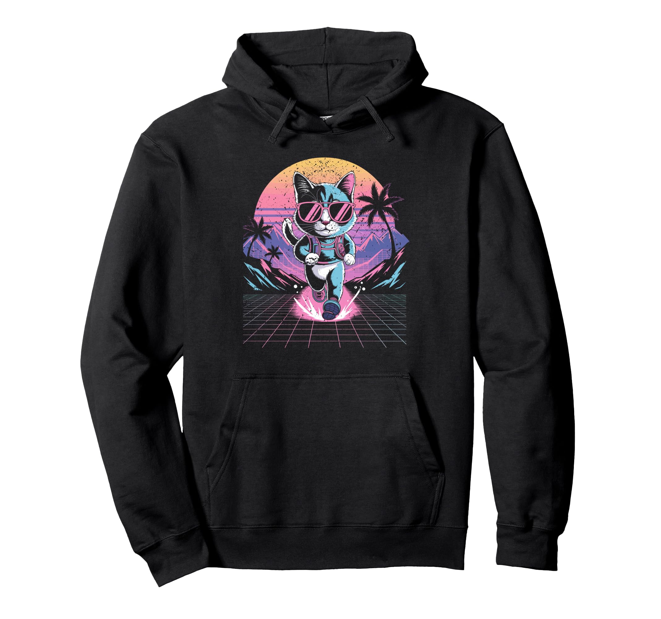 Synthwave Running Cat 80S Vaporwave Hoodie - Fun Novelty Design for Adults - T-Shirt, Sweatshirt, Hoodie