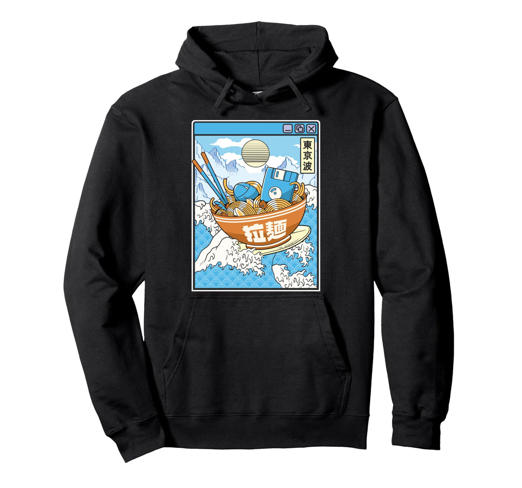 Surfing Digital Ramen Bowl Japanese Hoodie - Novelty Apparel for Adults - T-Shirt, Sweatshirt, Hoodie