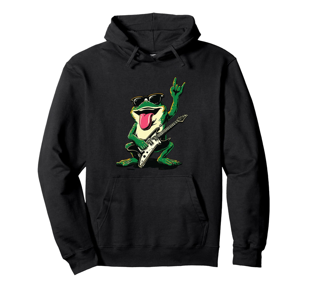 Funny Rock Frog Guitar Player Cartoon Hoodie - Trendy Graphic for Adults - T-Shirt, Sweatshirt, Hoodie