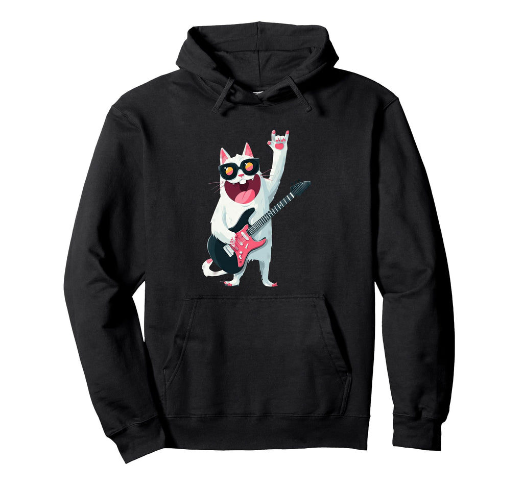 Cat Guitarist Funny Cat Rock Music Hoodie - Fun Novelty Design Men Women - T-Shirt, Sweatshirt, Hoodie