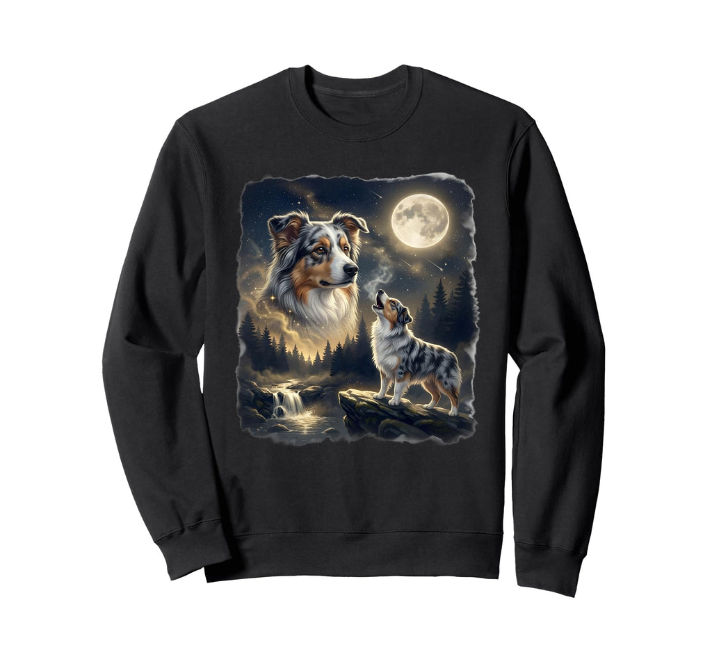 Australian Shepherd Howling To Moon Sweatshirt - Custom Art Print Unisex - T-Shirt, Sweatshirt, Hoodie
