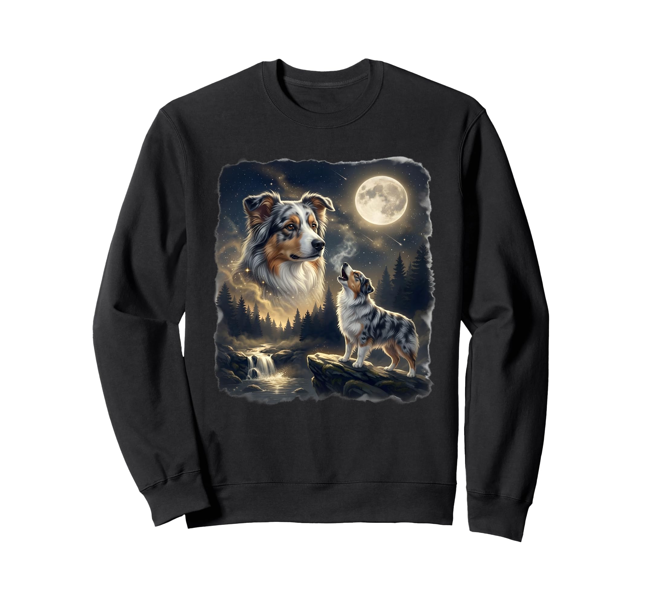Australian Shepherd Howling To Moon Sweatshirt - Custom Art Print Unisex - T-Shirt, Sweatshirt, Hoodie