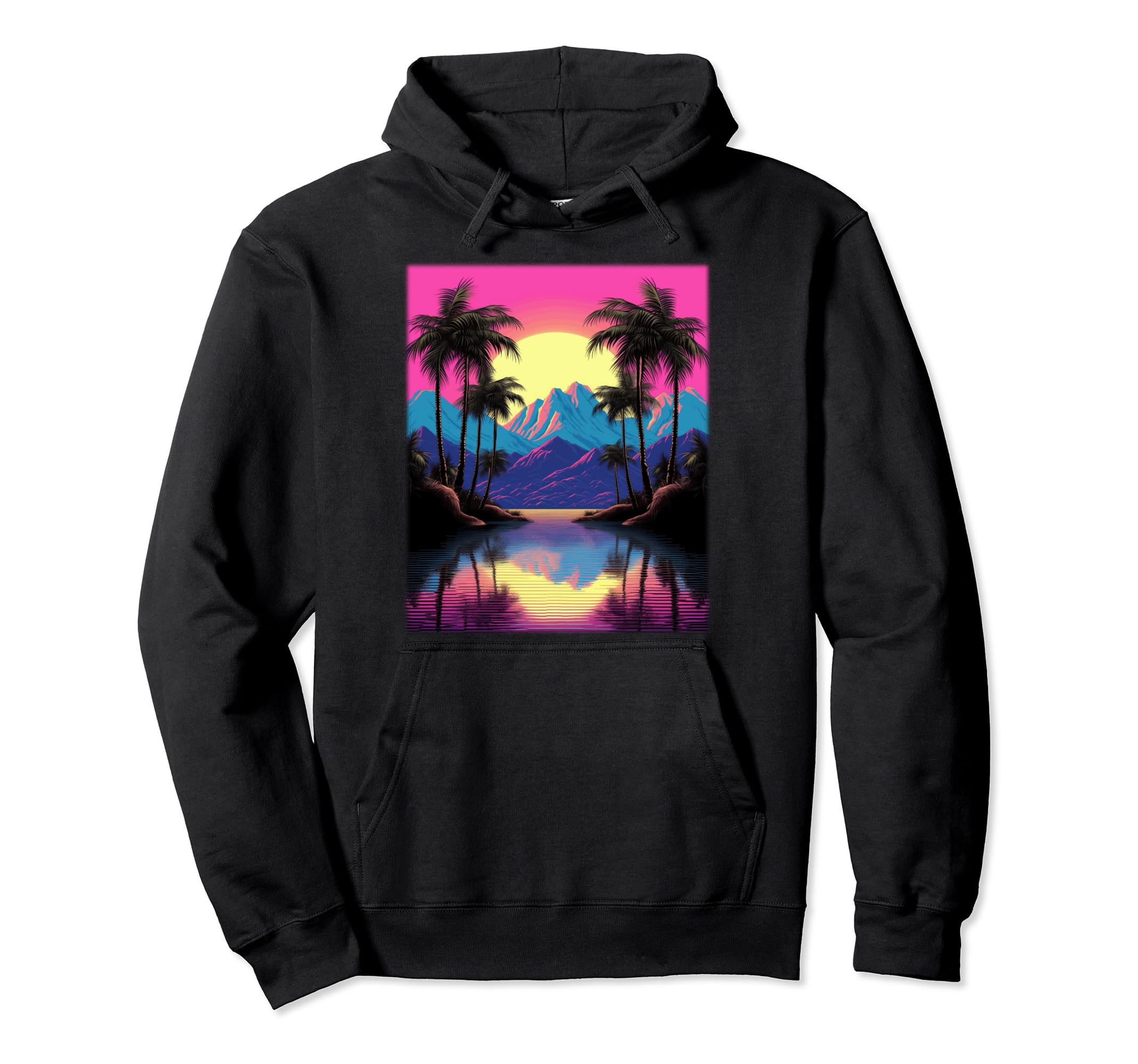 Vaporwave Aesthetic Sunset Mountains Palm Hoodie - Novelty Apparel Unisex - T-Shirt, Sweatshirt, Hoodie