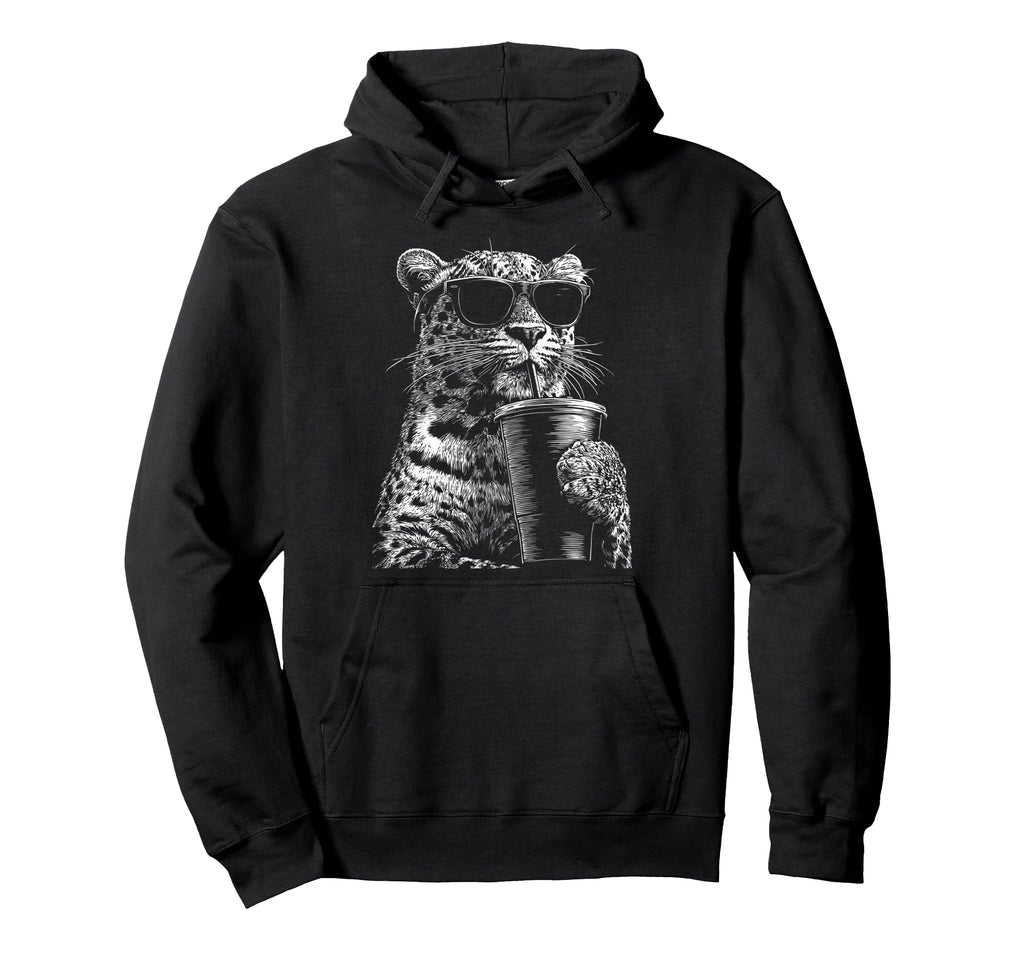 Leopard Drinking Iced Coffee Funny Animal Hoodie - Graphic Print Unisex - T-Shirt, Sweatshirt, Hoodie