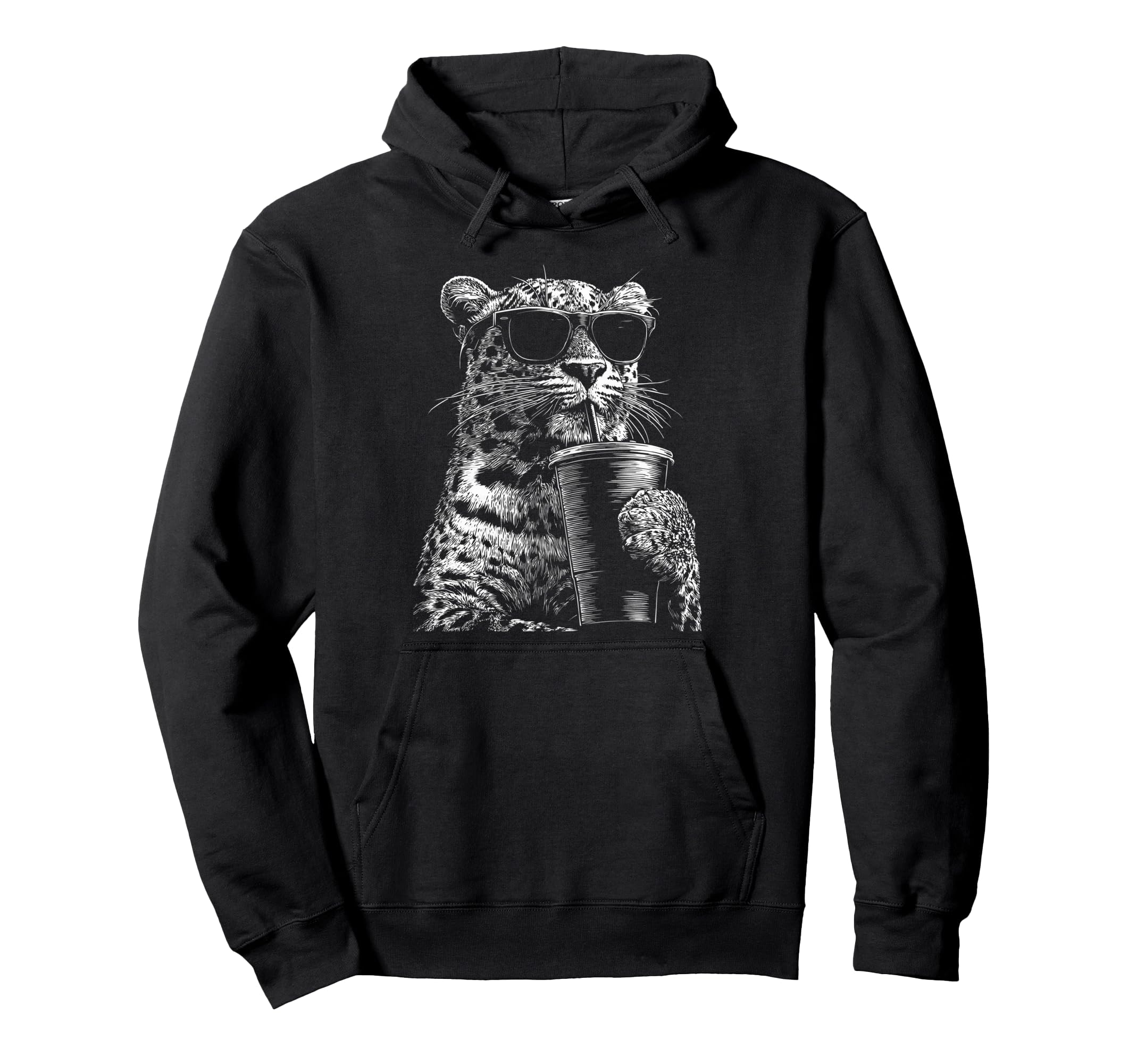 Leopard Drinking Iced Coffee Funny Animal Hoodie - Graphic Print Unisex - T-Shirt, Sweatshirt, Hoodie