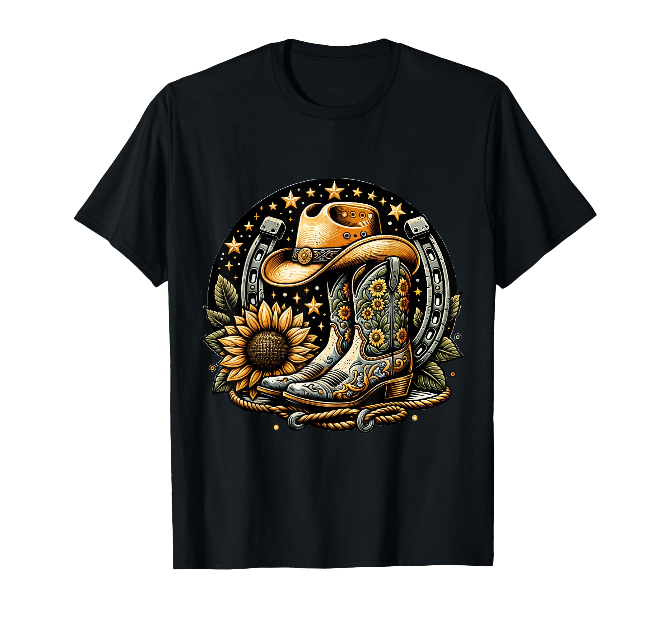 Cowboy Boot Horseshoe Sunflowerretro T-Shirt - Unique Graphic for Adults - T-Shirt, Sweatshirt, Hoodie