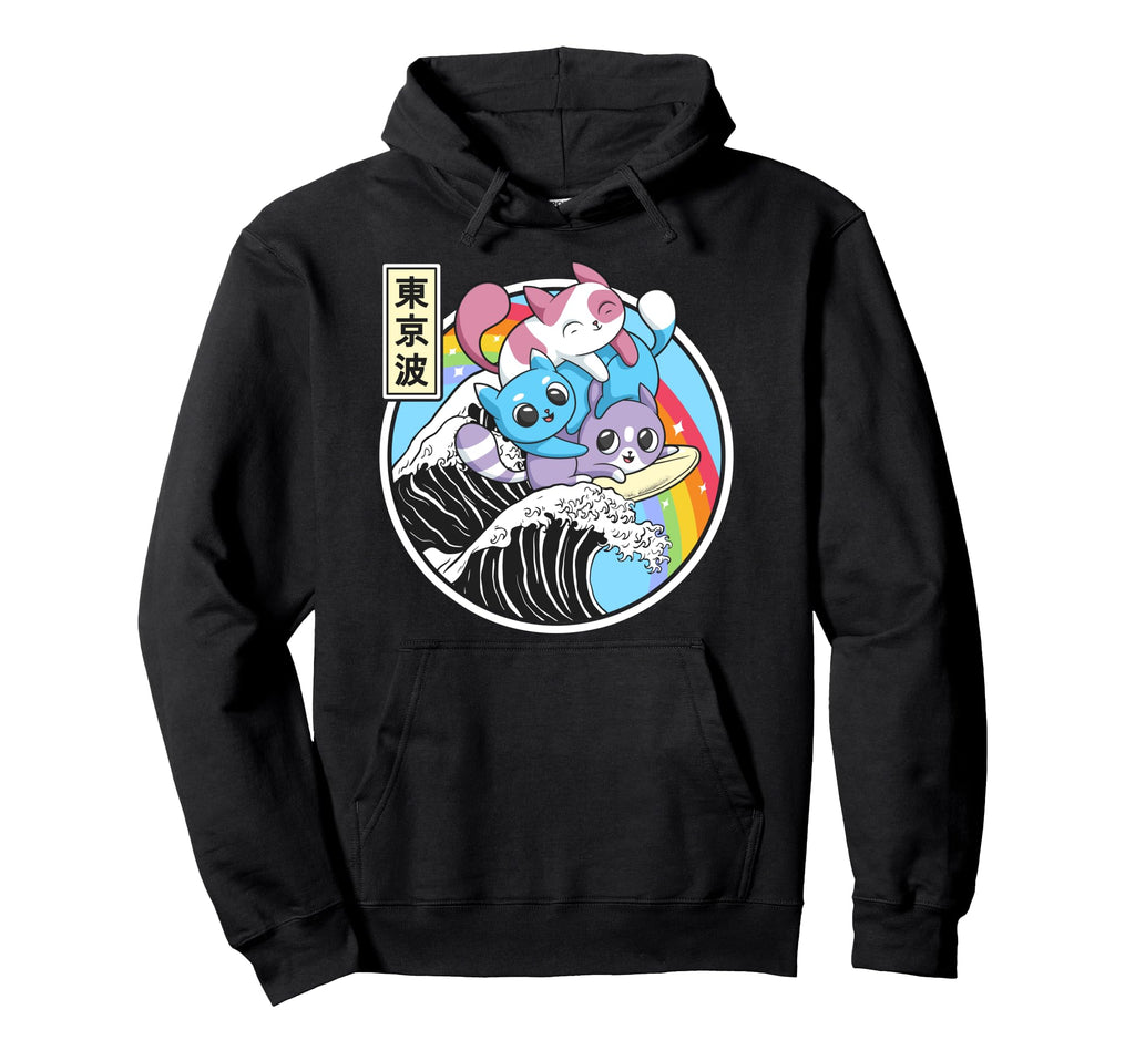 Playing Cats Surfing Kanagawa Wave Hoodie - Minimalist Print for Adults - T-Shirt, Sweatshirt, Hoodie
