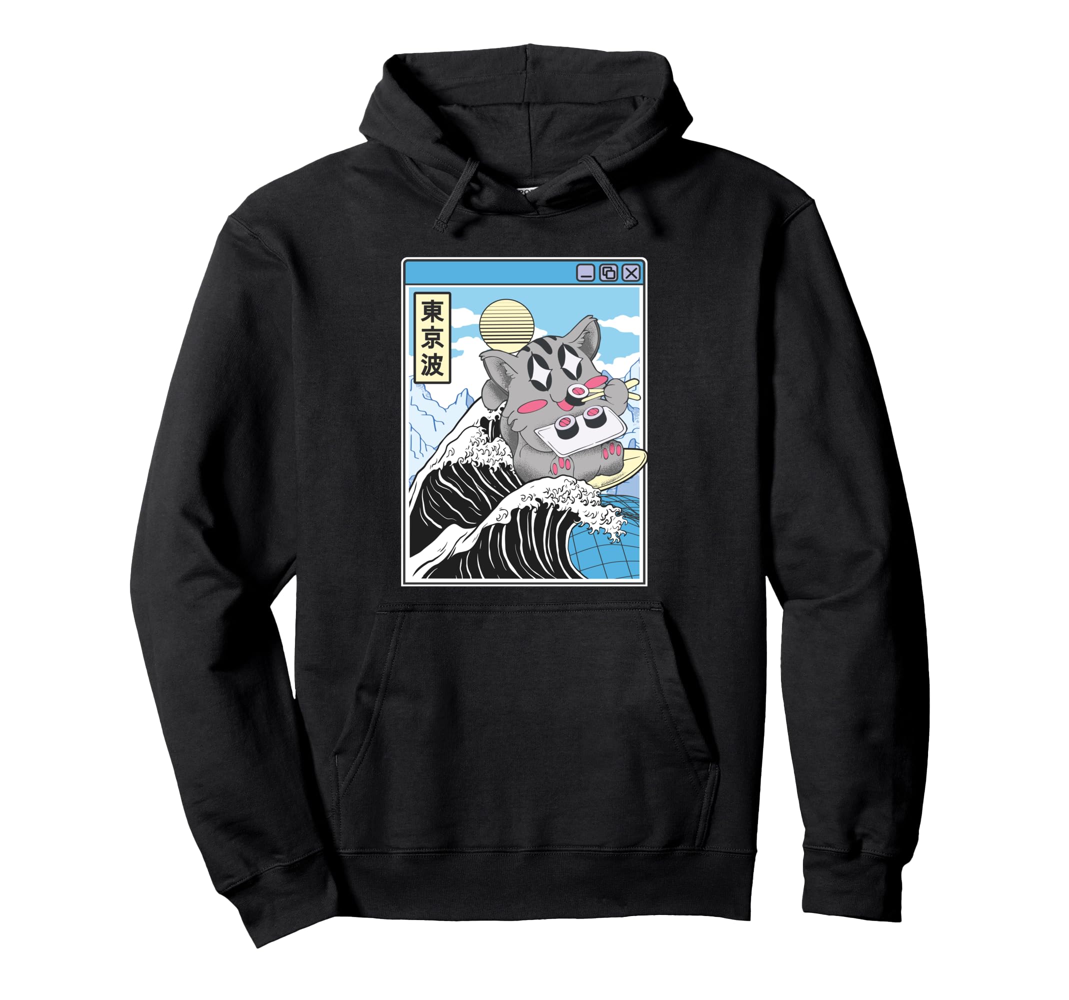 Cat Eating Sushi Surfing Kanagawa Wave Hoodie - Custom Art Print Men Women - T-Shirt, Sweatshirt, Hoodie