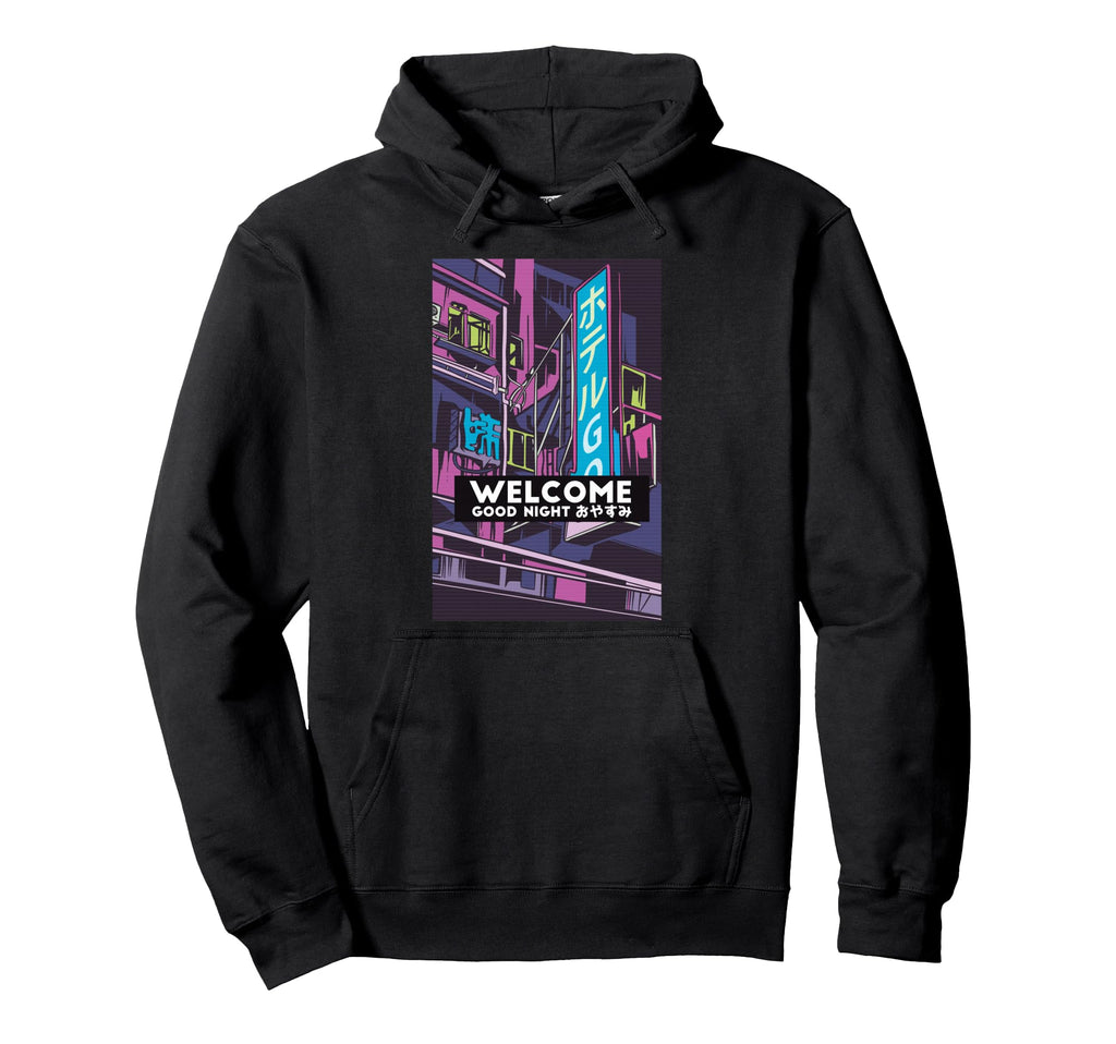 Vaporwave Neo Hotel Welcome Good Night Hoodie - Graphic Print Men Women - T-Shirt, Sweatshirt, Hoodie